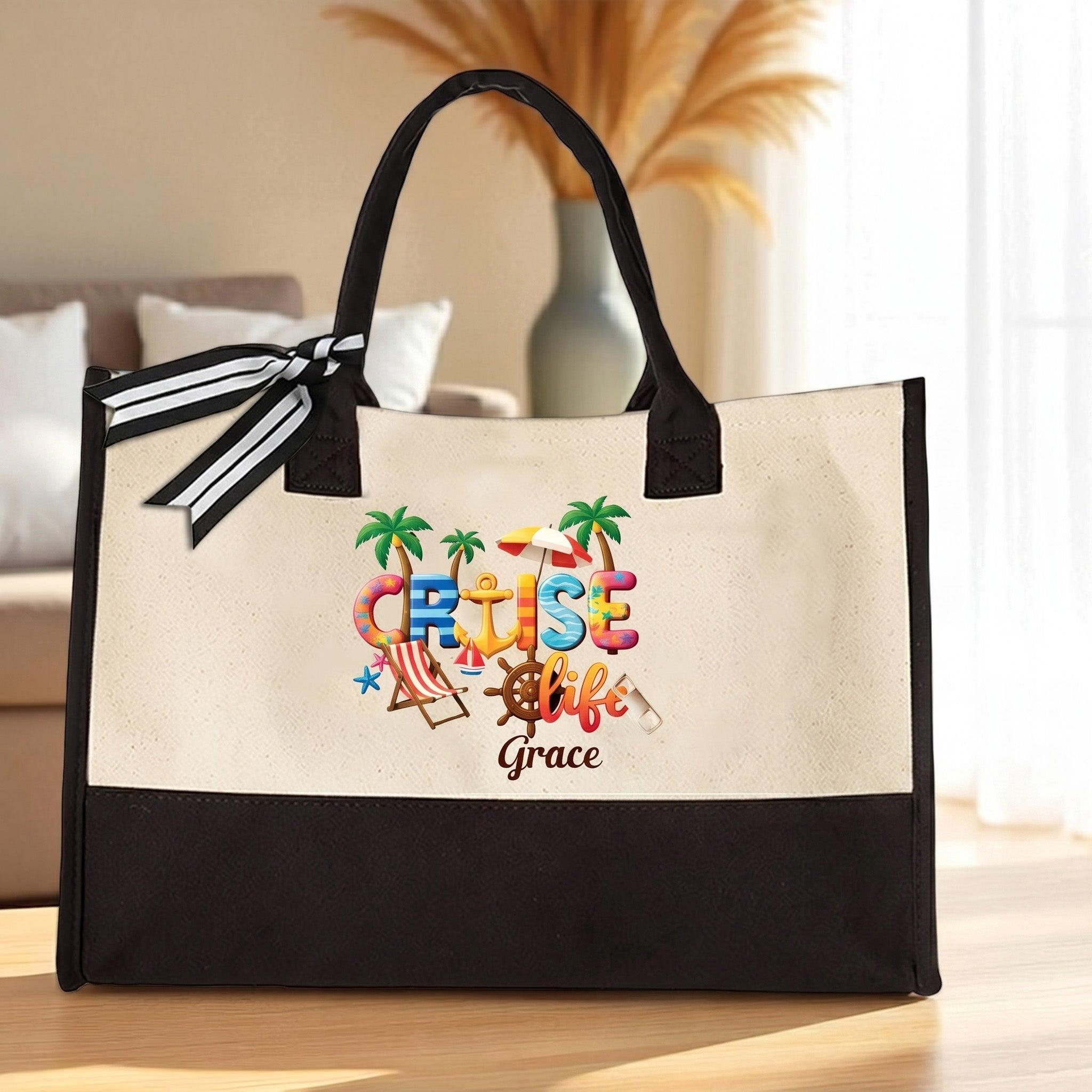 Custom Name Summer Trip Tote Personalized Canvas Beach Bag For Women Girls Trip Preppy Coastal Coquette Aesthetic Natural Beige Black Canvas Bridesmaid Bachelorette Vacation Gift Destination Holiday Travel Essentials Ribbon Bow 4