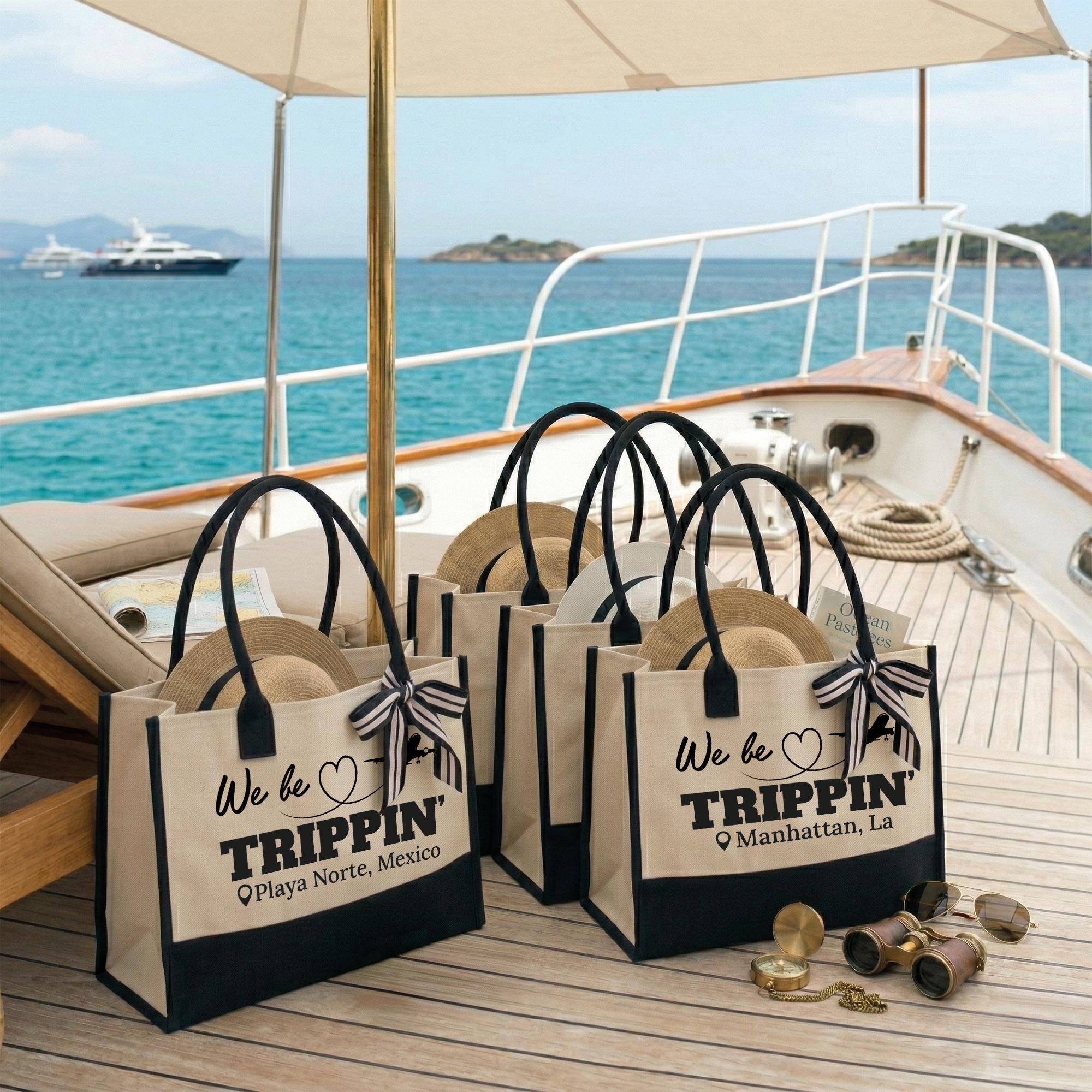 We Be Trippin Canvas Tote Bag For Women Bridesmaids Girls Trip Preppy Coastal Vacation Aesthetic Two-Tone Black Beige Cotton Canvas Funny Bachelorette Beach Bag Destination Group Travel Gift Custom Shopper 2