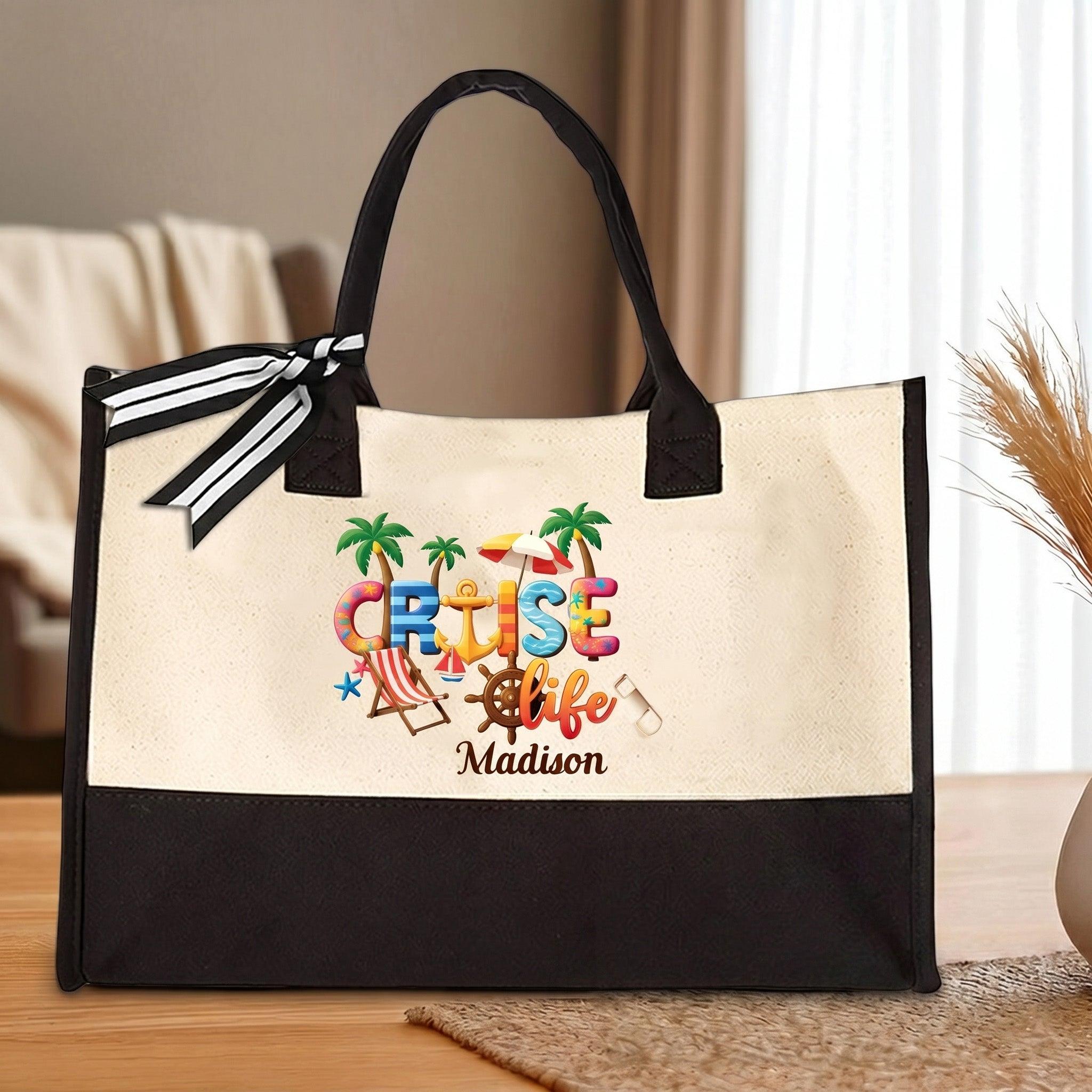 Custom Name Summer Trip Tote Personalized Canvas Beach Bag For Women Girls Trip Preppy Coastal Coquette Aesthetic Natural Beige Black Canvas Bridesmaid Bachelorette Vacation Gift Destination Holiday Travel Essentials Ribbon Bow 3