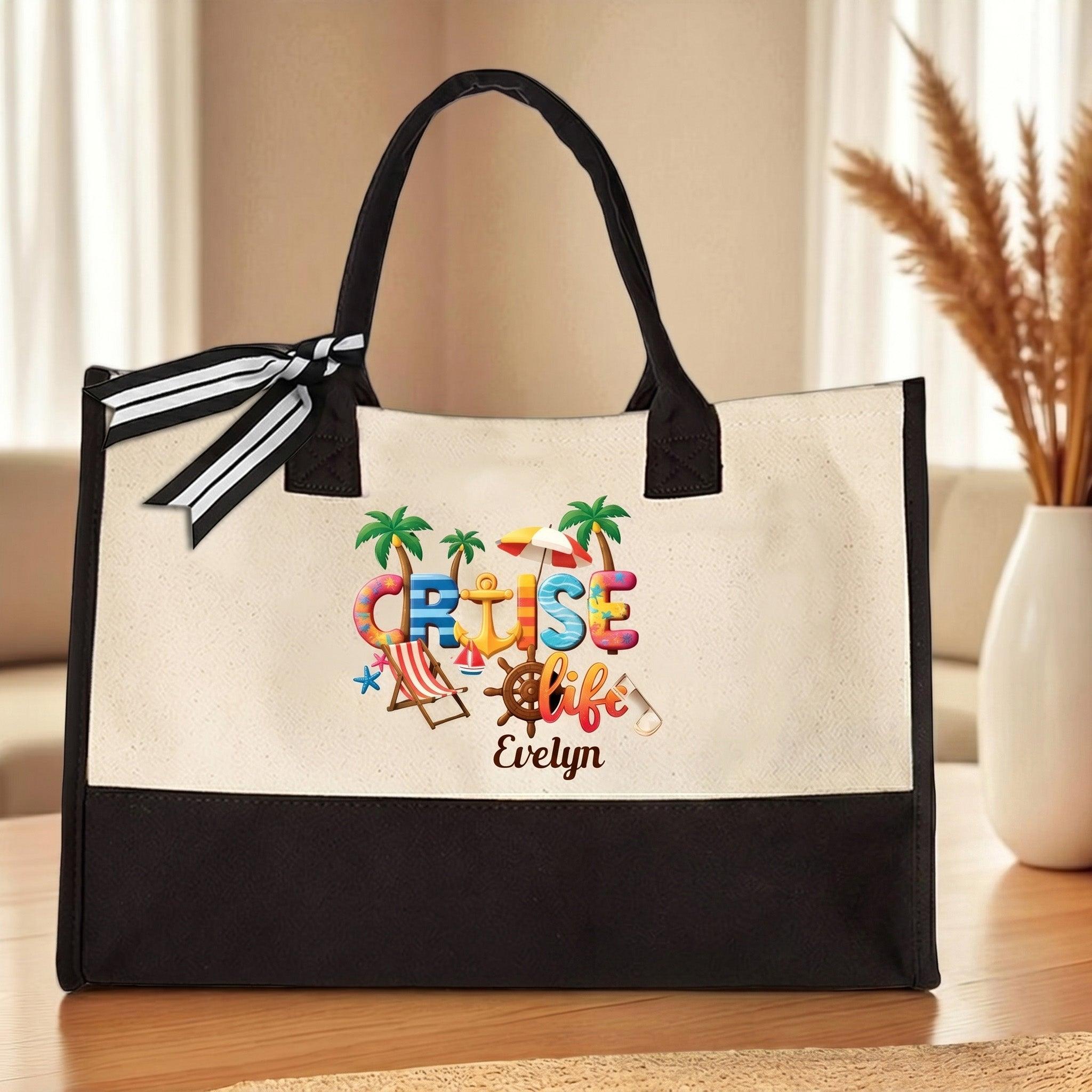 Custom Name Summer Trip Tote Personalized Canvas Beach Bag For Women Girls Trip Preppy Coastal Coquette Aesthetic Natural Beige Black Canvas Bridesmaid Bachelorette Vacation Gift Destination Holiday Travel Essentials Ribbon Bow 2