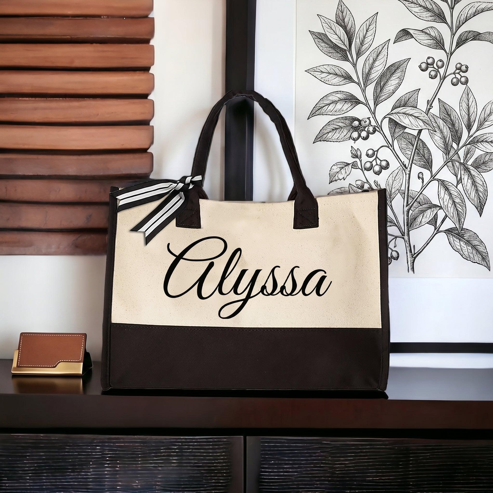 Personalized Name Canvas Tote Bag for Women Bride Bridesmaid Proposal Preppy Coquette Minimalist Black and Cream Cotton Canvas Custom Monogrammed Gift for Her Bachelorette Bach Trip Beach Vacation Shopper with Ribbon Bow