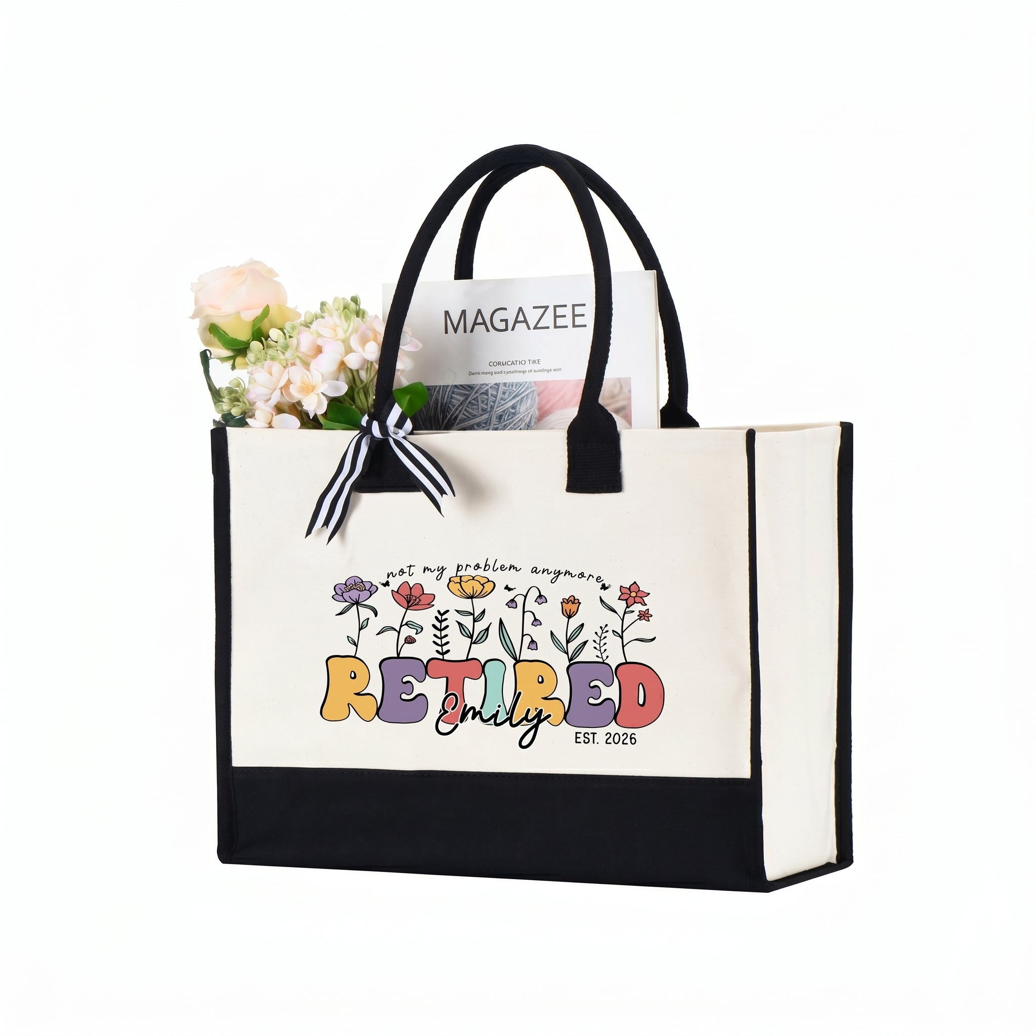 Personalized Not My Problem Anymore Retired Est 2026 Canvas Tote Bag for Women Mom Coworker Retro Groovy Floral Funny Natural Cotton Canvas Black Trim Retirement Party Gifts Custom Name Beach Travel Shoulder Bag