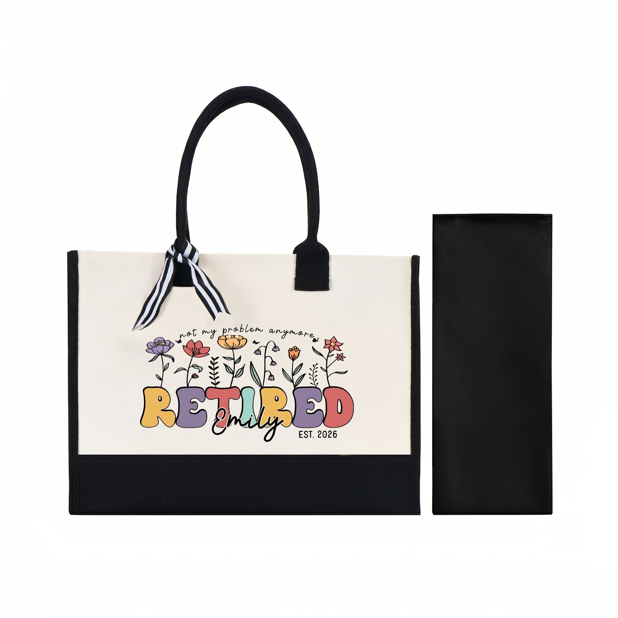 Personalized Not My Problem Anymore Retired Est 2026 Canvas Tote Bag for Women Mom Coworker Retro Groovy Floral Funny Natural Cotton Canvas Black Trim Retirement Party Gifts Custom Name Beach Travel Shoulder Bag 3