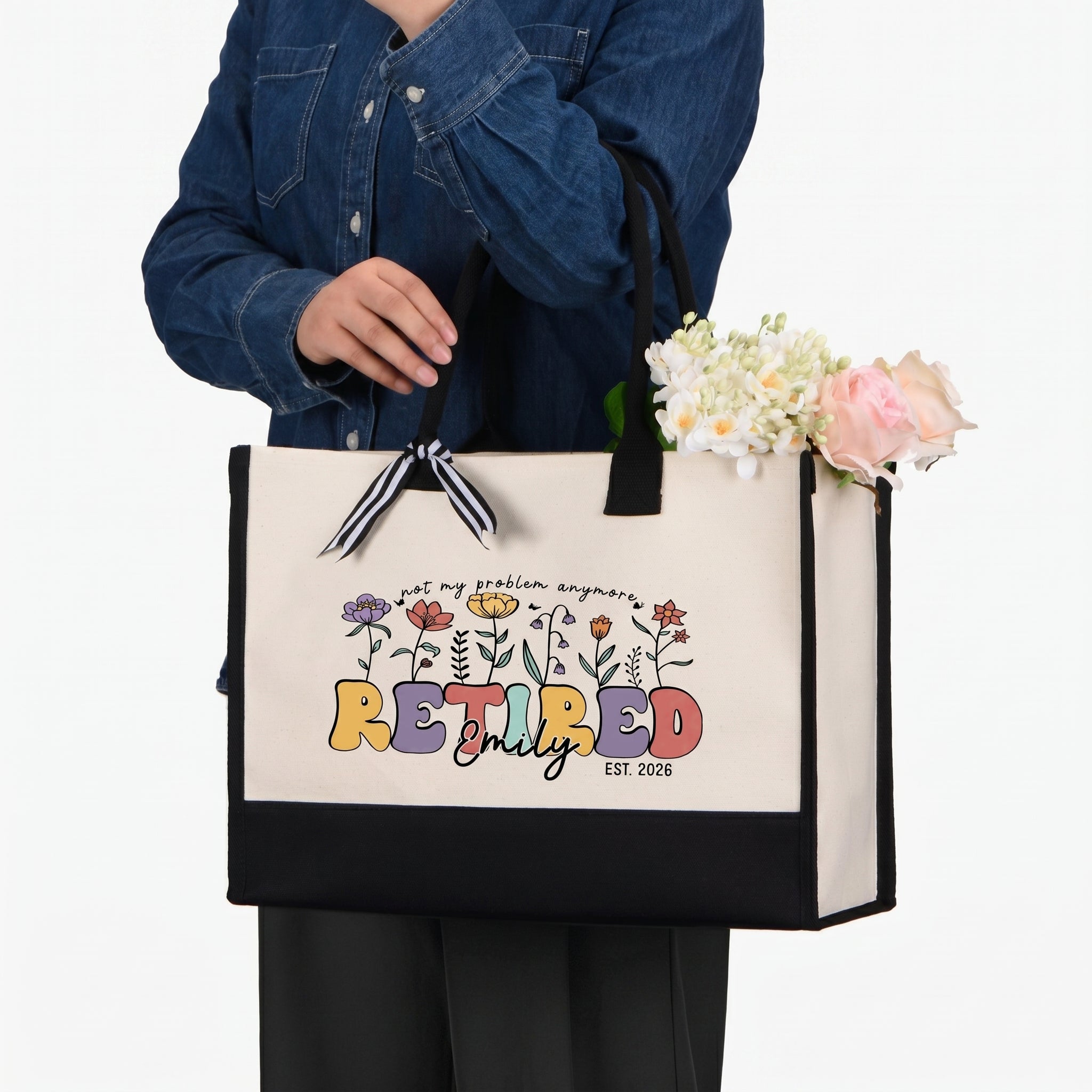 Personalized Not My Problem Anymore Retired Est 2026 Canvas Tote Bag for Women Mom Coworker Retro Groovy Floral Funny Natural Cotton Canvas Black Trim Retirement Party Gifts Custom Name Beach Travel Shoulder Bag 2