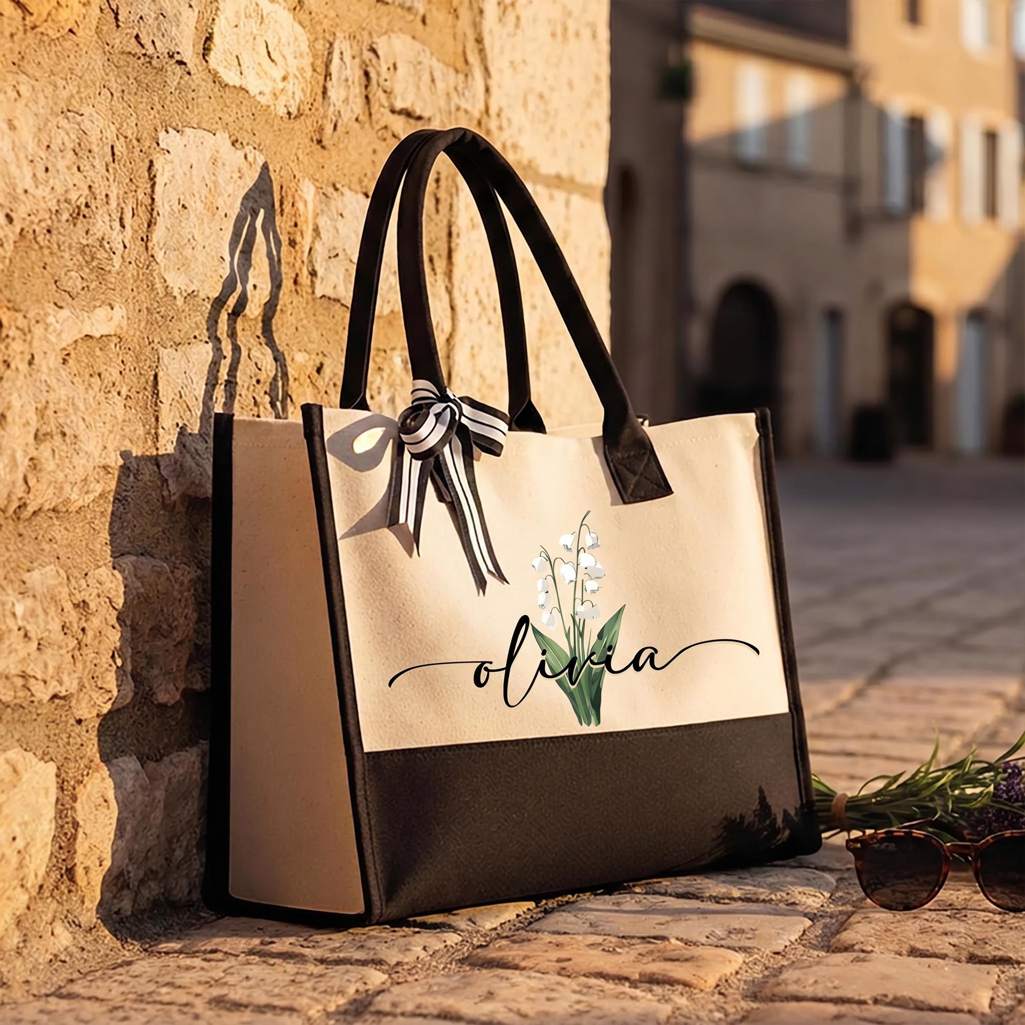 Trendy Personalized Custom Birth Month Flower Name Canvas Tote Bag For Women Preppy Coquette Botanical Aesthetic Beige Black Canvas Birthday Gift Monogram Reusable Shopper Shoulder Bag Summer Travel Vacation Accessories 2