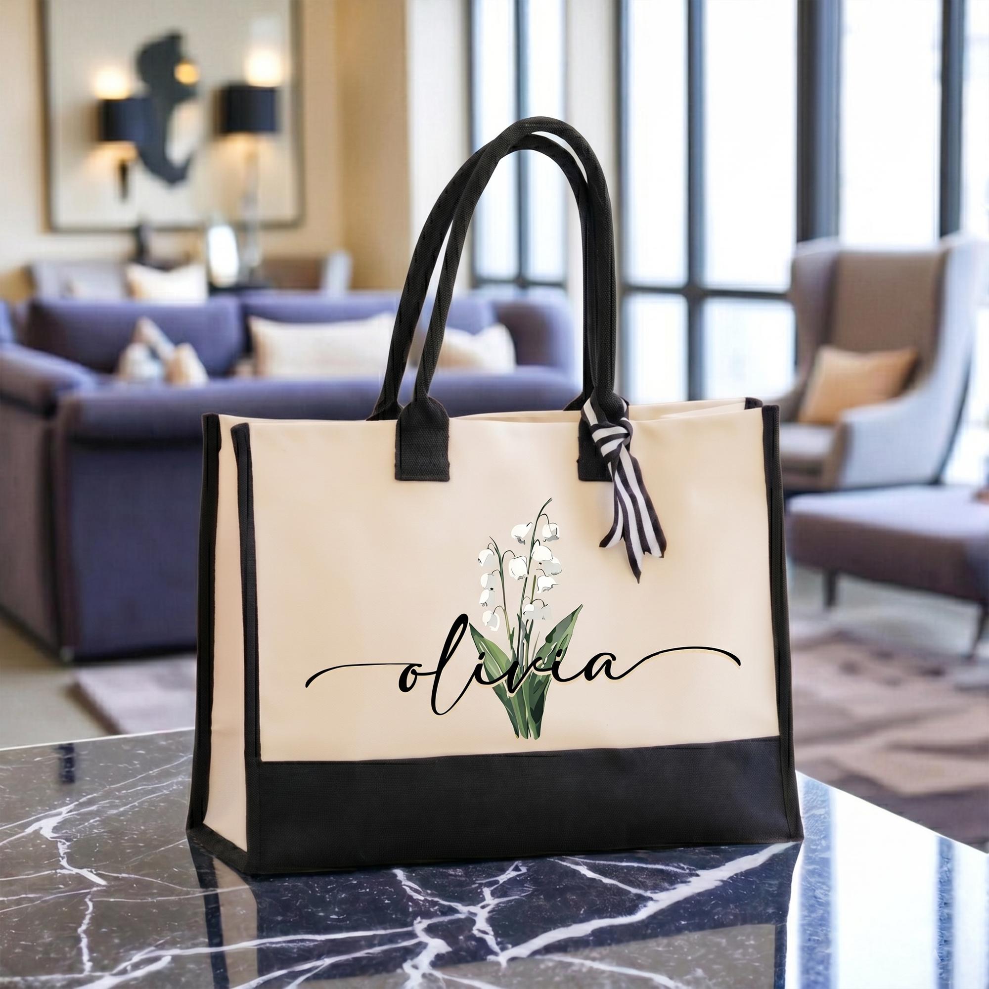Trendy Personalized Custom Birth Month Flower Name Canvas Tote Bag For Women Preppy Coquette Botanical Aesthetic Beige Black Canvas Birthday Gift Monogram Reusable Shopper Shoulder Bag Summer Travel Vacation Accessories 3