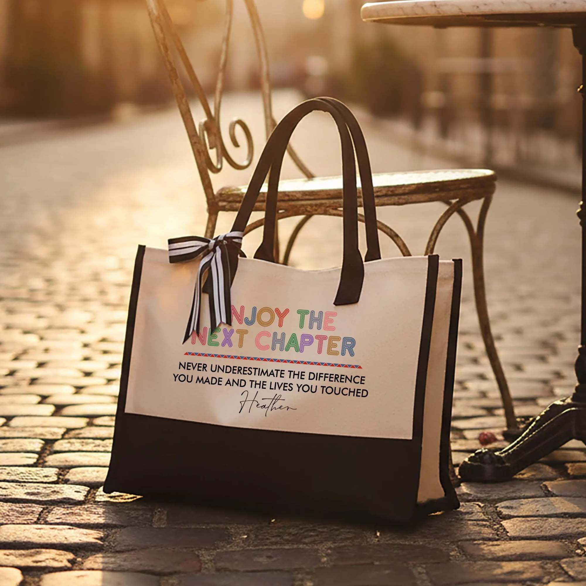 Custom Personalized Enjoy The Next Chapter Canvas Tote Bag For Women Preppy Aesthetic Cream Black Custom Name Retirement Gift Never Underestimate The Difference You Made Teacher Appreciation Coworker Leaving Present Beach Bag 3
