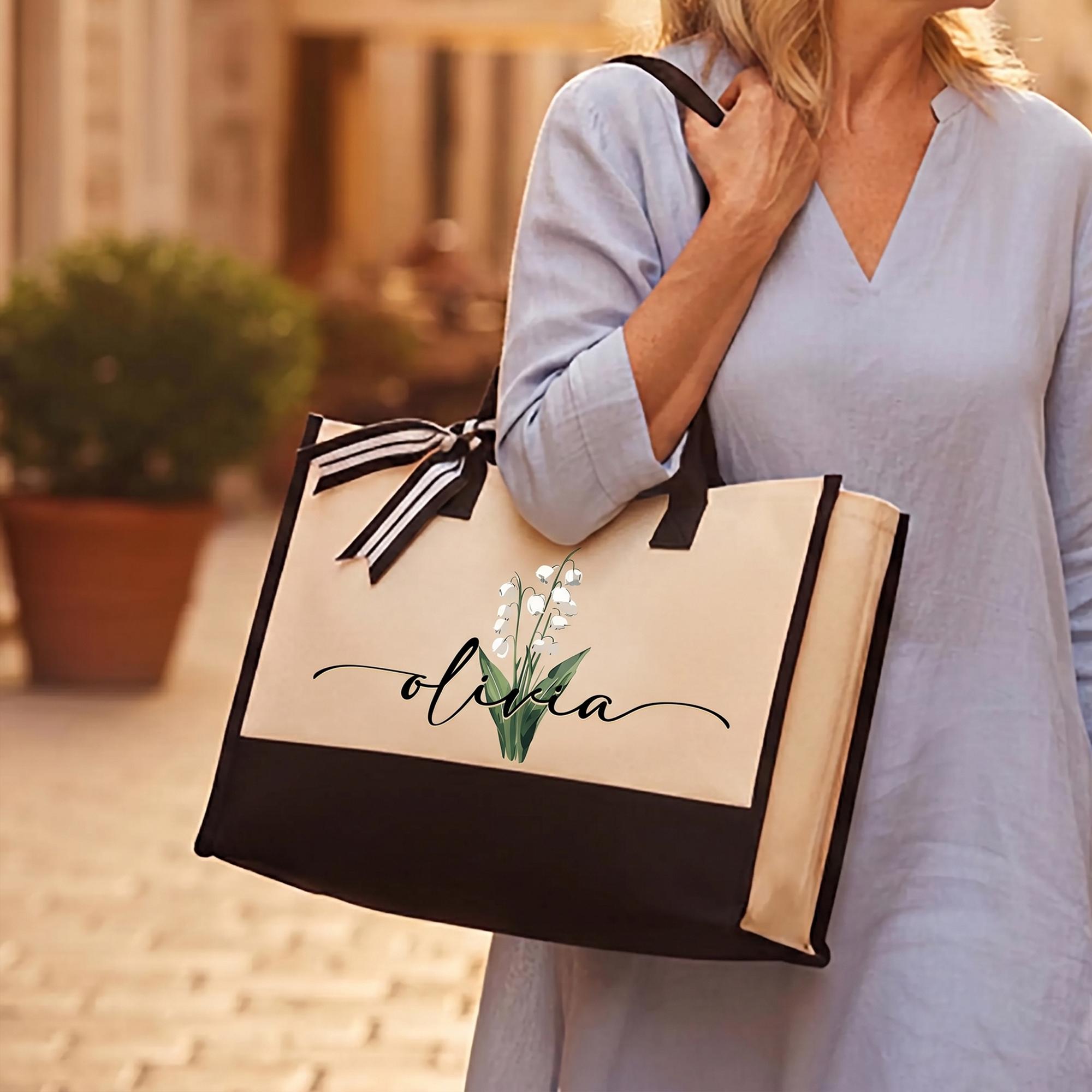 Trendy Personalized Custom Birth Month Flower Name Canvas Tote Bag For Women Preppy Coquette Botanical Aesthetic Beige Black Canvas Birthday Gift Monogram Reusable Shopper Shoulder Bag Summer Travel Vacation Accessories 4