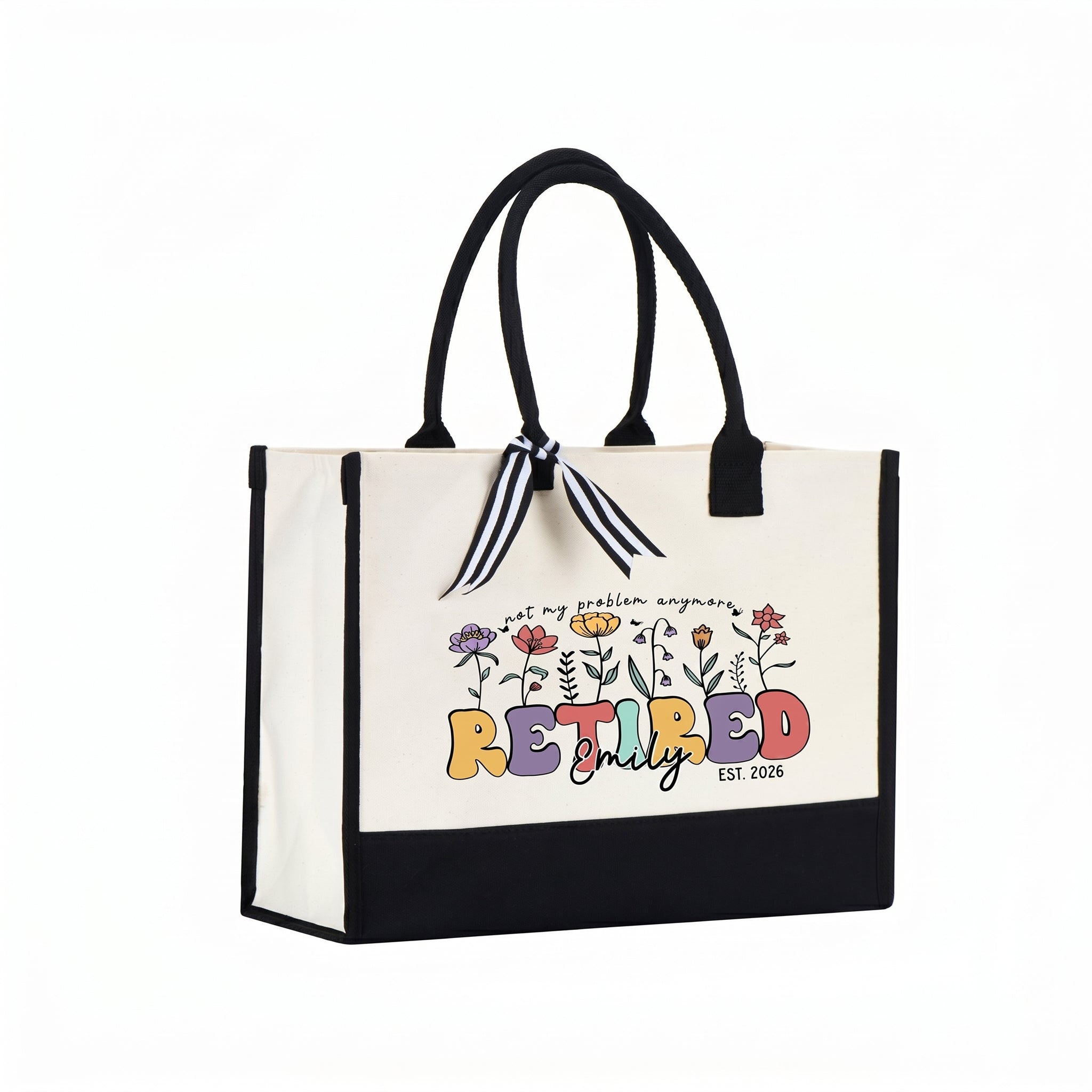 Personalized Not My Problem Anymore Retired Est 2026 Canvas Tote Bag for Women Mom Coworker Retro Groovy Floral Funny Natural Cotton Canvas Black Trim Retirement Party Gifts Custom Name Beach Travel Shoulder Bag 4