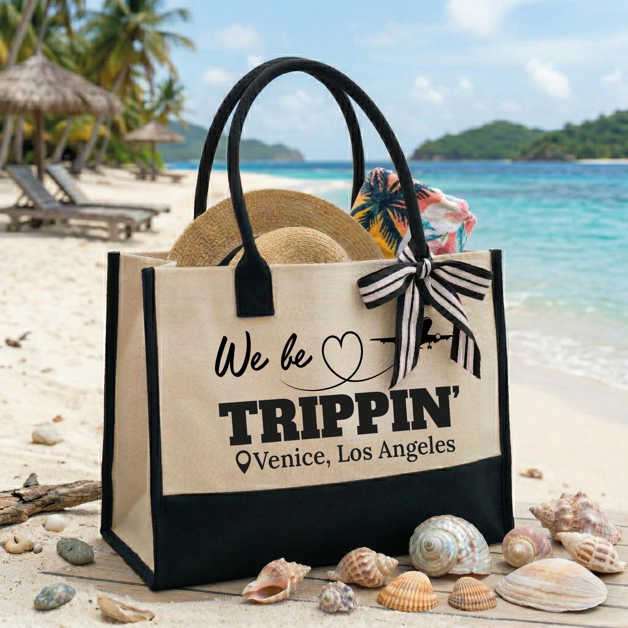 We Be Trippin Canvas Tote Bag For Women Bridesmaids Girls Trip Preppy Coastal Vacation Aesthetic Two-Tone Black Beige Cotton Canvas Funny Bachelorette Beach Bag Destination Group Travel Gift Custom Shopper 4