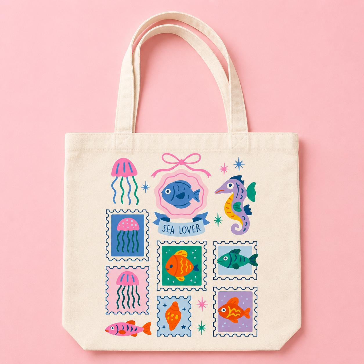 Sea Lover Cute Canvas Tote Bag Retro Ocean Stamp Graphic Shoulder Bag Colorful Jellyfish Seahorse Fish Cotton Book Bag Summer Beach Travel Grocery Tote 4