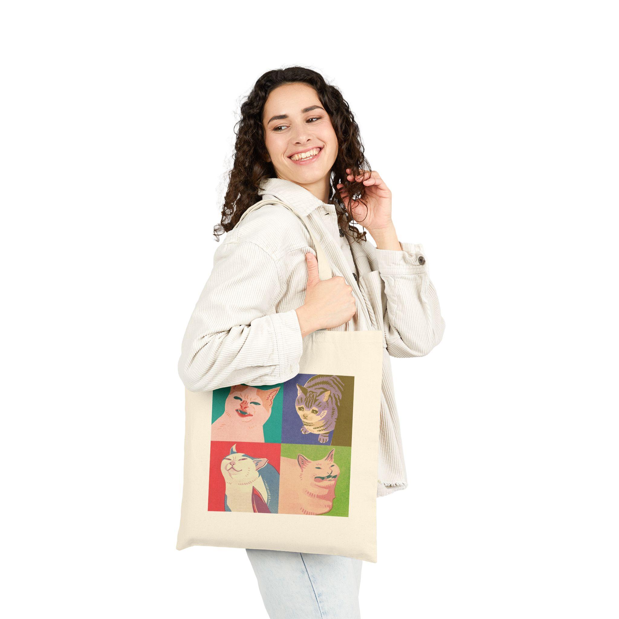Four Cats Meme of the Apocalypse Tote Bag Funny Internet Culture Canvas Carryall Pop Art Ironic Cat Meme Aesthetic Shopper Eco-Friendly Gift for Gen Z & Millennials 3