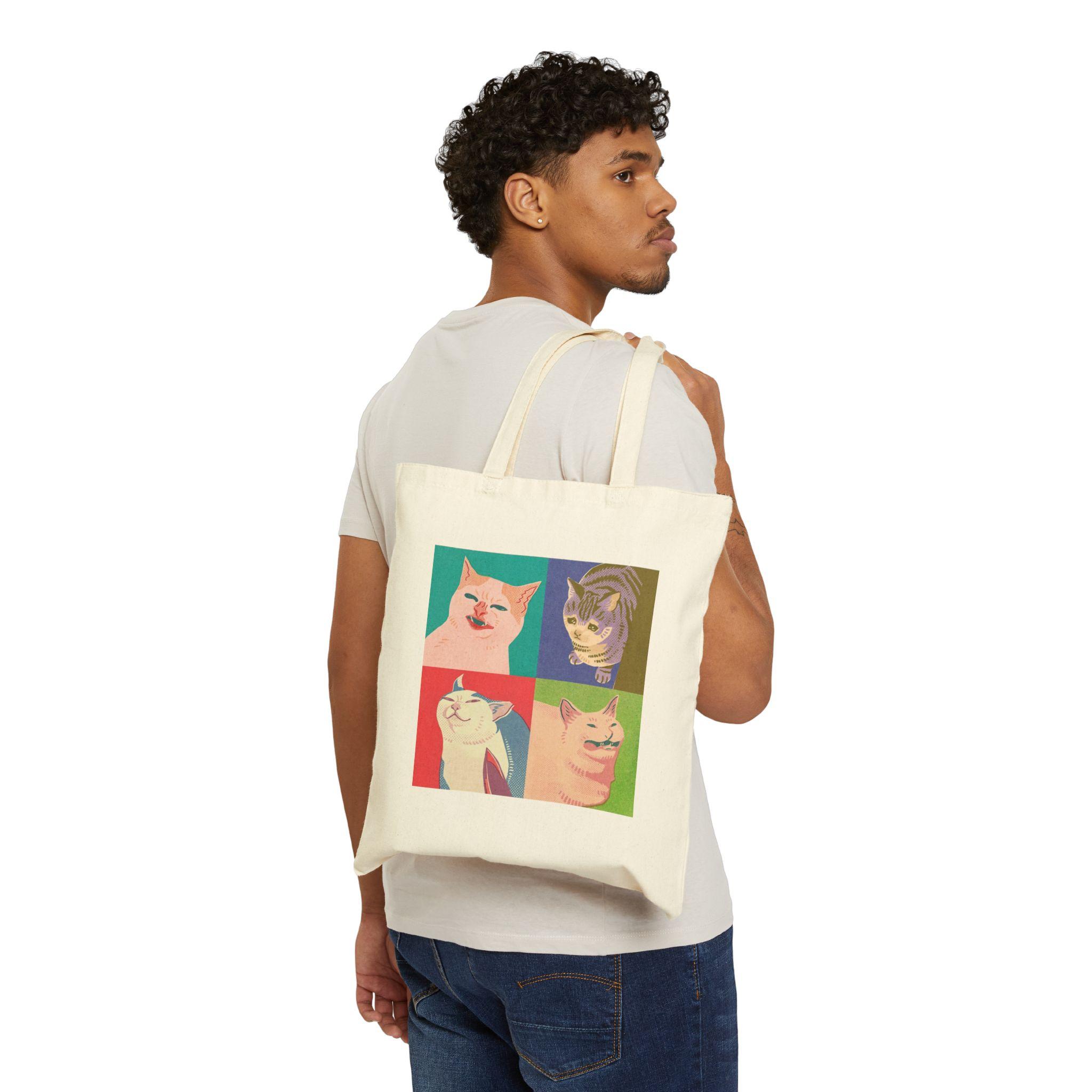 Four Cats Meme of the Apocalypse Tote Bag Funny Internet Culture Canvas Carryall Pop Art Ironic Cat Meme Aesthetic Shopper Eco-Friendly Gift for Gen Z & Millennials 4
