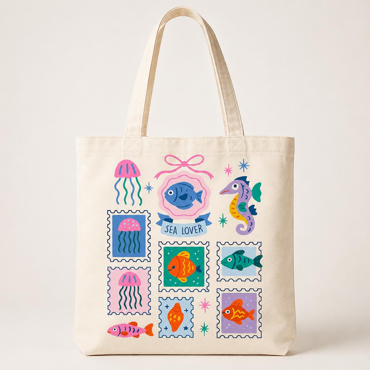 Sea Lover Cute Canvas Tote Bag Retro Ocean Stamp Graphic Shoulder Bag Colorful Jellyfish Seahorse Fish Cotton Book Bag Summer Beach Travel Grocery Tote 3