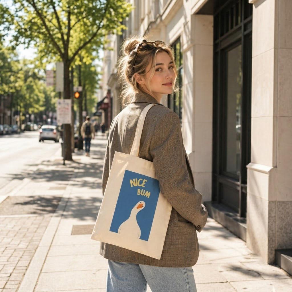 Funny Nice Bum Goose Canvas Tote Bag for Women and Teens Quirky Y2K Aesthetic Indie Natural Beige Cotton Reusable Eco-Friendly Grocery Shoulder Bag Casual Everyday Shopping Cute Animal Print Viral TikTok Fashion 2
