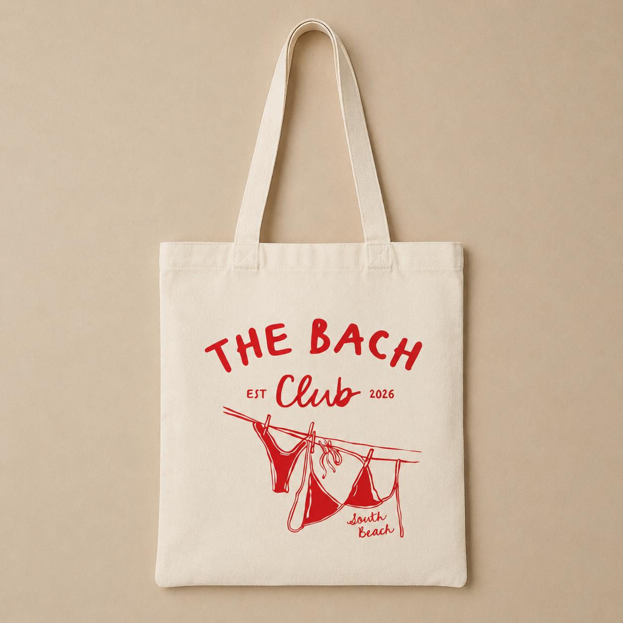Bachelorette Tote Bag The Bach Club South Beach Canvas Tote with Hand-Drawn Bikini Illustrations Personalized Bridesmaid Gift Beach Party Goodie Bag Bridal Shower Favors Miami Hen Party Tote 2