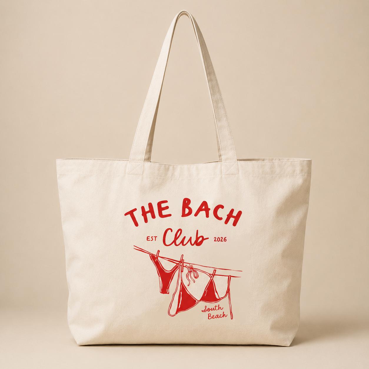 Bachelorette Tote Bag The Bach Club South Beach Canvas Tote with Hand-Drawn Bikini Illustrations Personalized Bridesmaid Gift Beach Party Goodie Bag Bridal Shower Favors Miami Hen Party Tote 3