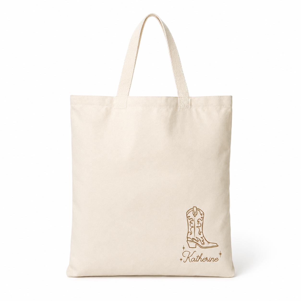 Custom Cowgirl Boot Bachelorette Tote Bag for Bridesmaids Personalized Minimalist Western Retro Natural Canvas Favor Bag Nash Bash Last Rodeo Nashville Party Hand-Drawn Boot Custom Name Tote Bride Squad Girls Trip Hangover Kit Gift