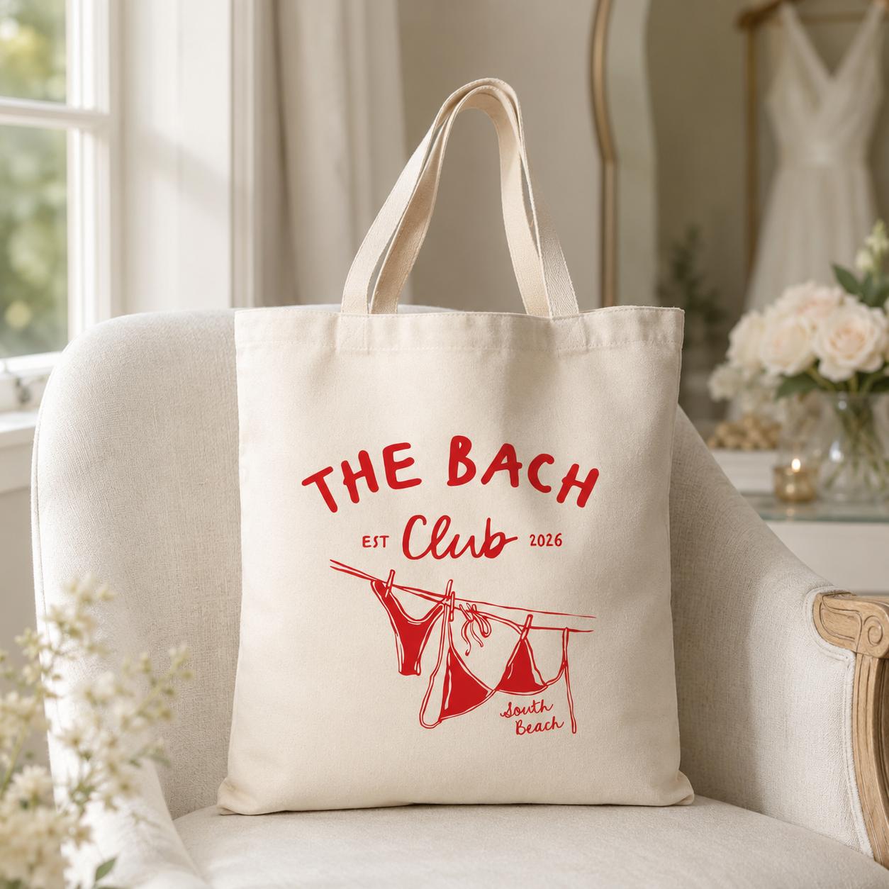 Bachelorette Tote Bag The Bach Club South Beach Canvas Tote with Hand-Drawn Bikini Illustrations Personalized Bridesmaid Gift Beach Party Goodie Bag Bridal Shower Favors Miami Hen Party Tote 3