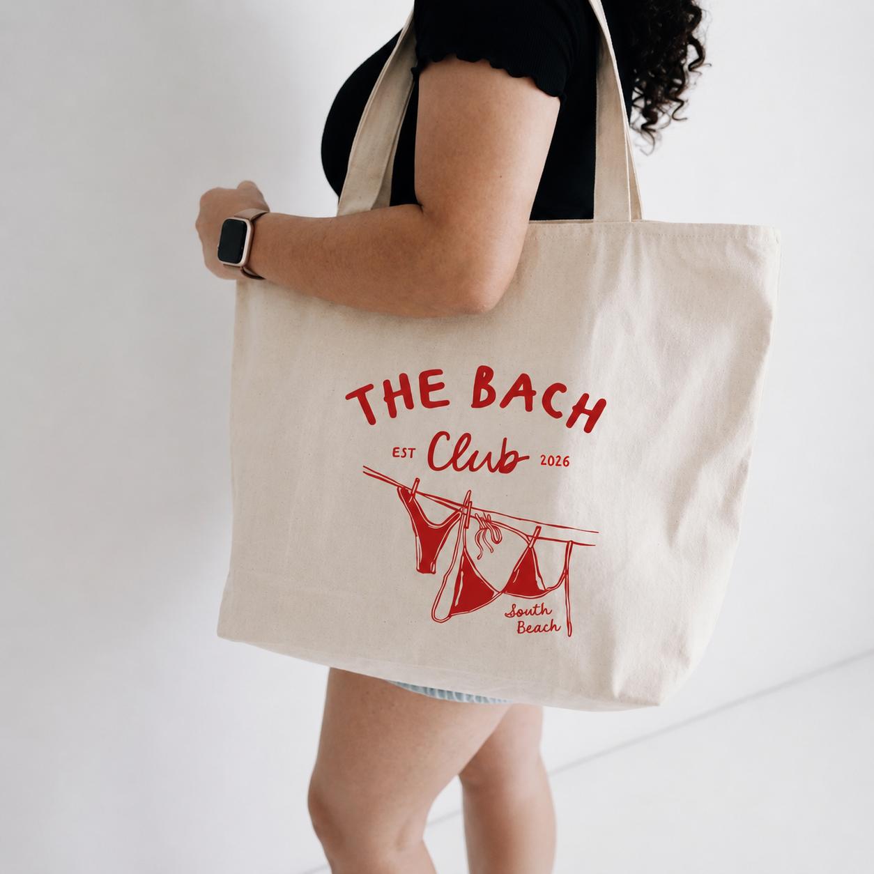 Bachelorette Tote Bag The Bach Club South Beach Canvas Tote with Hand-Drawn Bikini Illustrations Personalized Bridesmaid Gift Beach Party Goodie Bag Bridal Shower Favors Miami Hen Party Tote 2
