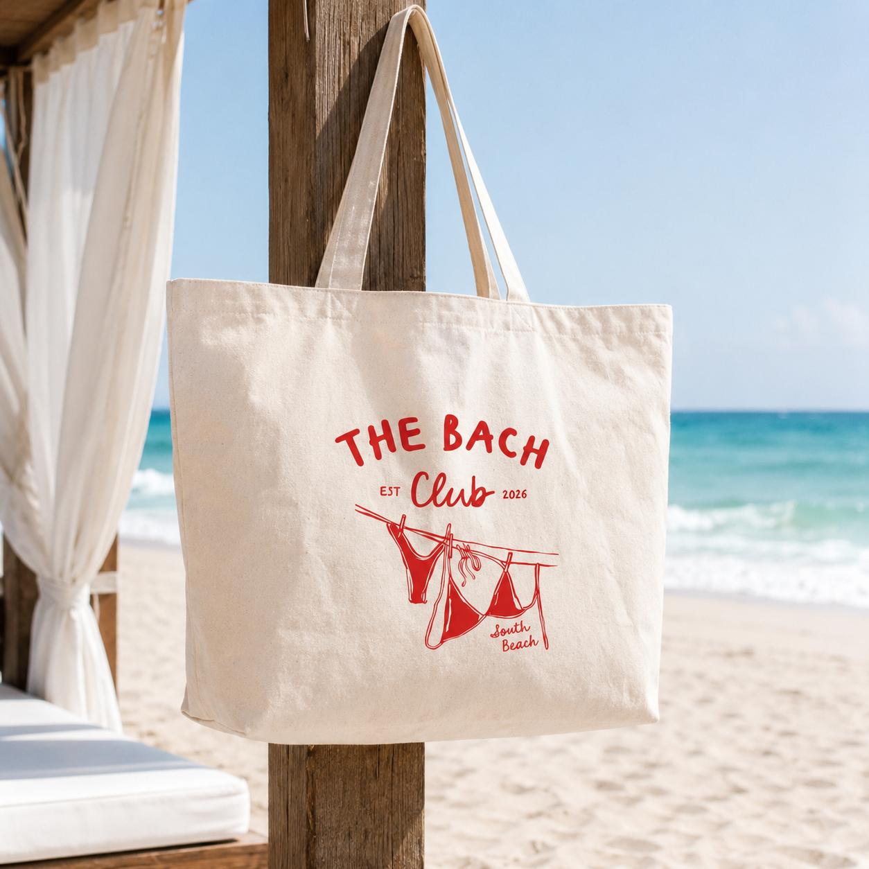 Bachelorette Tote Bag The Bach Club South Beach Canvas Tote with Hand-Drawn Bikini Illustrations Personalized Bridesmaid Gift Beach Party Goodie Bag Bridal Shower Favors Miami Hen Party Tote 4