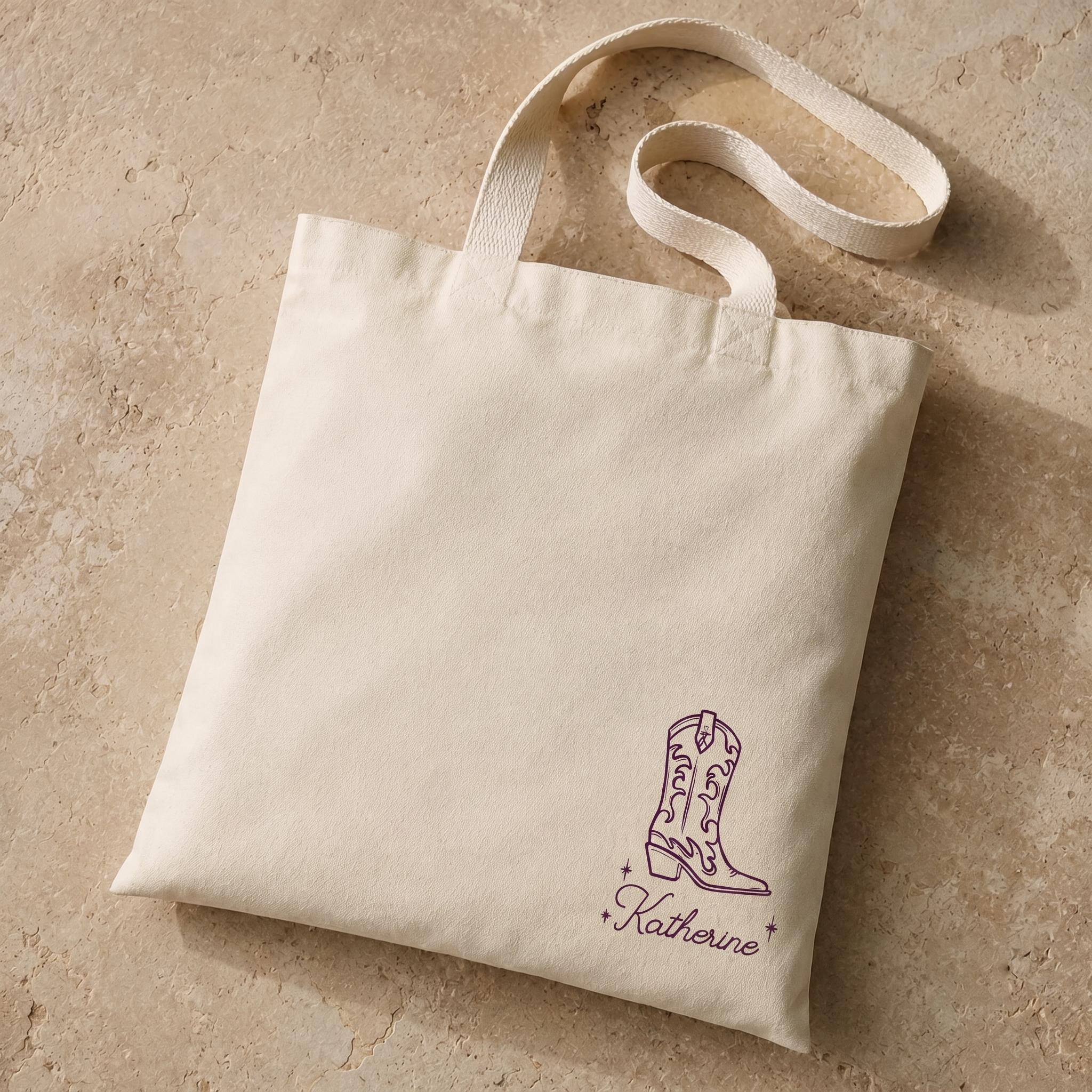 Custom Cowgirl Boot Bachelorette Tote Bag for Bridesmaids Personalized Minimalist Western Retro Natural Canvas Favor Bag Nash Bash Last Rodeo Nashville Party Hand-Drawn Boot Custom Name Tote Bride Squad Girls Trip Hangover Kit Gift 3