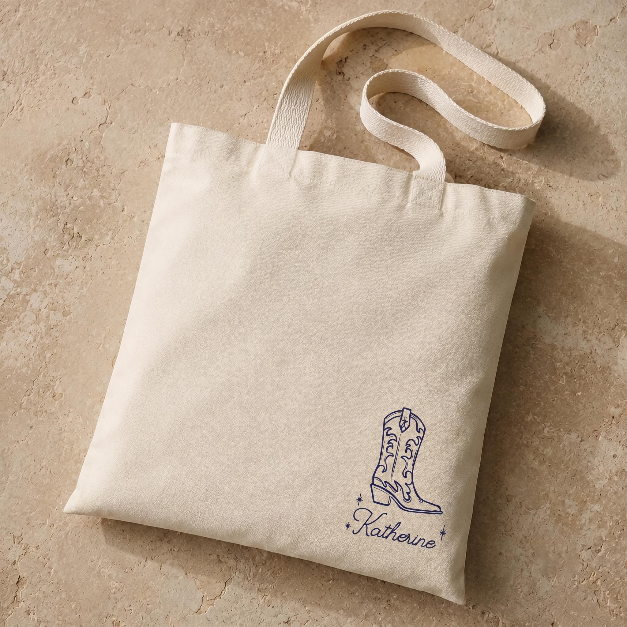 Custom Cowgirl Boot Bachelorette Tote Bag for Bridesmaids Personalized Minimalist Western Retro Natural Canvas Favor Bag Nash Bash Last Rodeo Nashville Party Hand-Drawn Boot Custom Name Tote Bride Squad Girls Trip Hangover Kit Gift 2