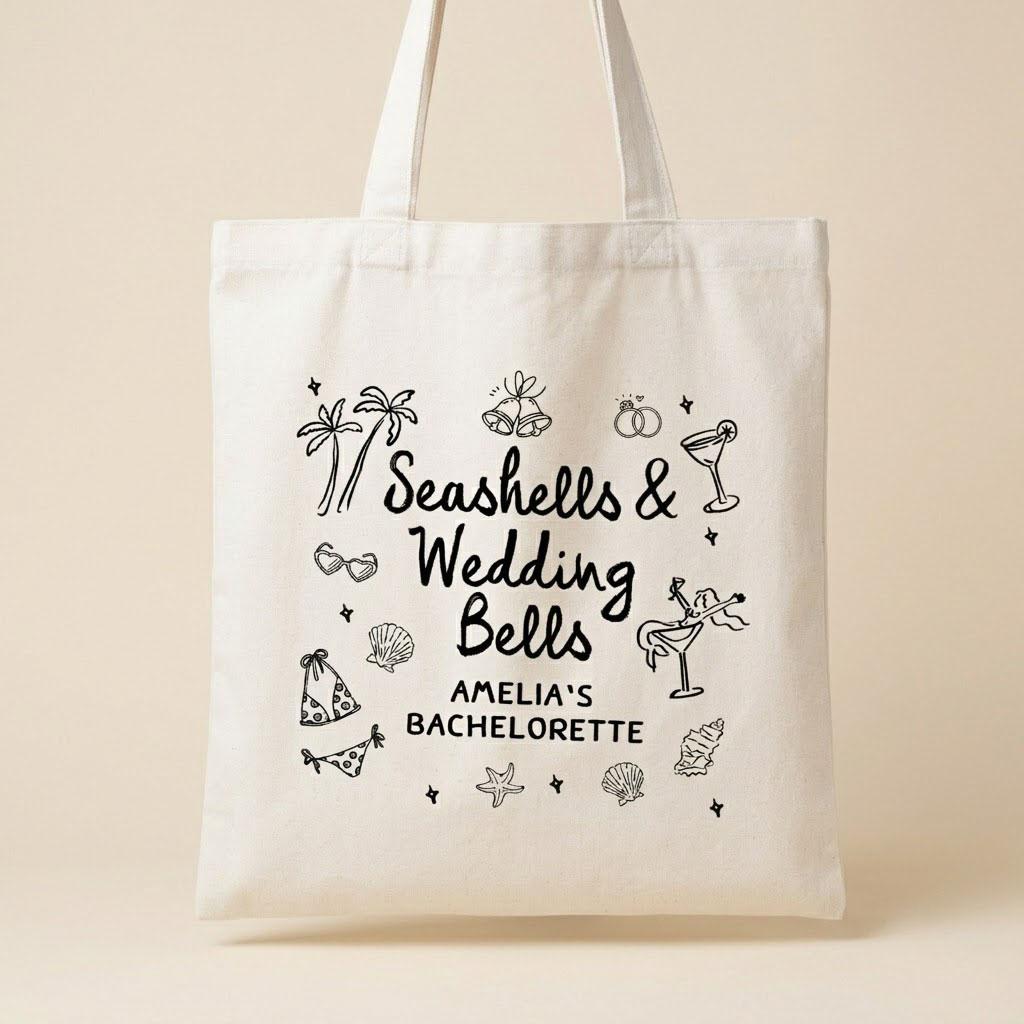 Custom Seashells & Wedding Bells Oversized Bachelorette Party Tote Bag for Bride and Bridesmaids Coastal Chic Preppy Aesthetic Eco-Friendly Canvas Bridesmaid Proposal Box Gift Durable Beach Bag With Custom Name 3