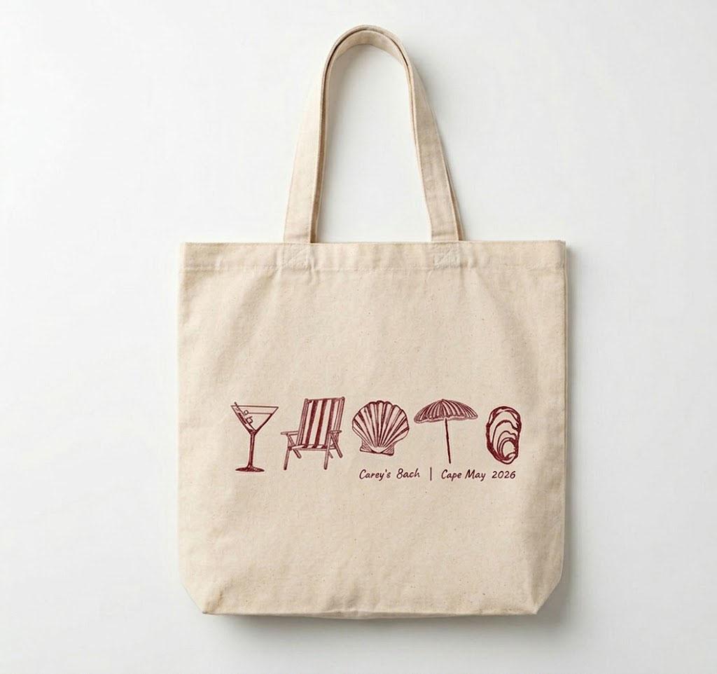 Personalized Coastal Doodle Bachelorette Welcome Canvas Tote Bag For Bridesmaids Preppy Coastal Aesthetic Natural Beige Cotton Last Toast On The Coast Destination Beach Wedding Favor Hand Drawn Seashells 3