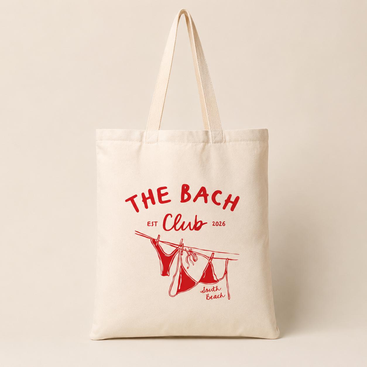 Bachelorette Tote Bag The Bach Club South Beach Canvas Tote with Hand-Drawn Bikini Illustrations Personalized Bridesmaid Gift Beach Party Goodie Bag Bridal Shower Favors Miami Hen Party Tote 4