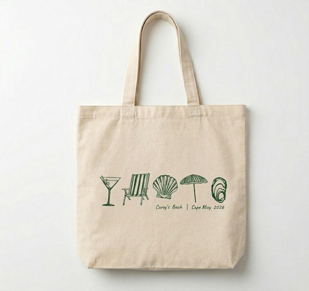 Personalized Coastal Doodle Bachelorette Welcome Canvas Tote Bag For Bridesmaids Preppy Coastal Aesthetic Natural Beige Cotton Last Toast On The Coast Destination Beach Wedding Favor Hand Drawn Seashells 2
