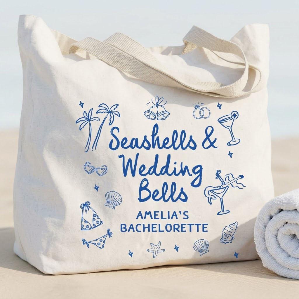 Custom Seashells & Wedding Bells Oversized Bachelorette Party Tote Bag for Bride and Bridesmaids Coastal Chic Preppy Aesthetic Eco-Friendly Canvas Bridesmaid Proposal Box Gift Durable Beach Bag With Custom Name 4