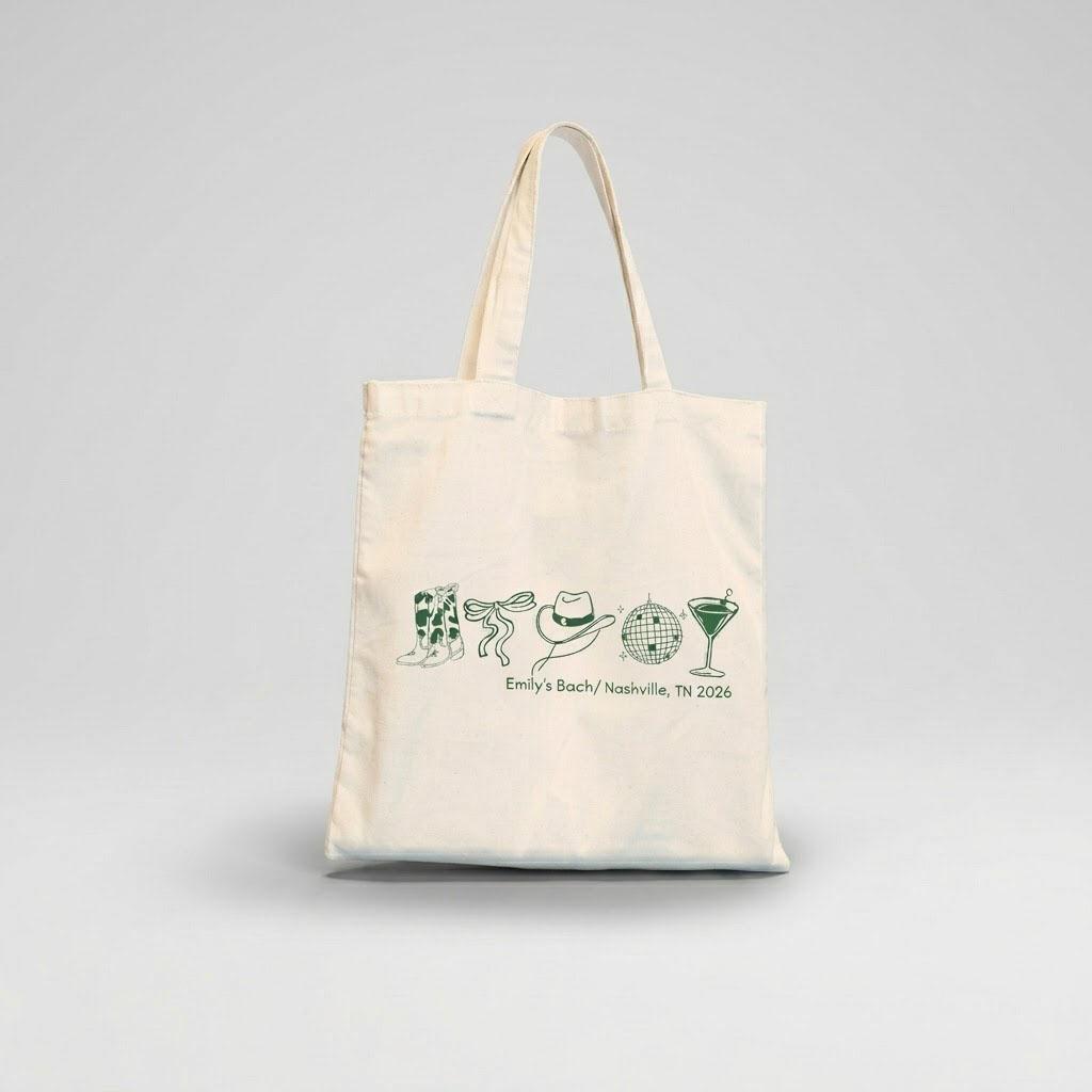Personalized Custom Nashville Bachelorette Party Tote Bag for Bride and Bridesmaids, Western Disco Cowboy Aesthetic Canvas Gift Bag, Natural Cotton Reusable Last Rodeo Cowgirl Boot Martini Favors for Girls Trip 2
