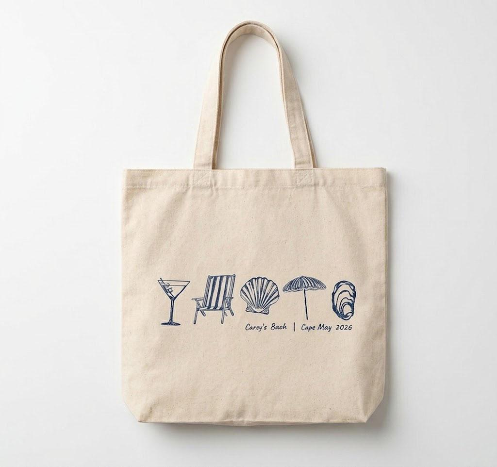 Personalized Coastal Doodle Bachelorette Welcome Canvas Tote Bag For Bridesmaids Preppy Coastal Aesthetic Natural Beige Cotton Last Toast On The Coast Destination Beach Wedding Favor Hand Drawn Seashells 4