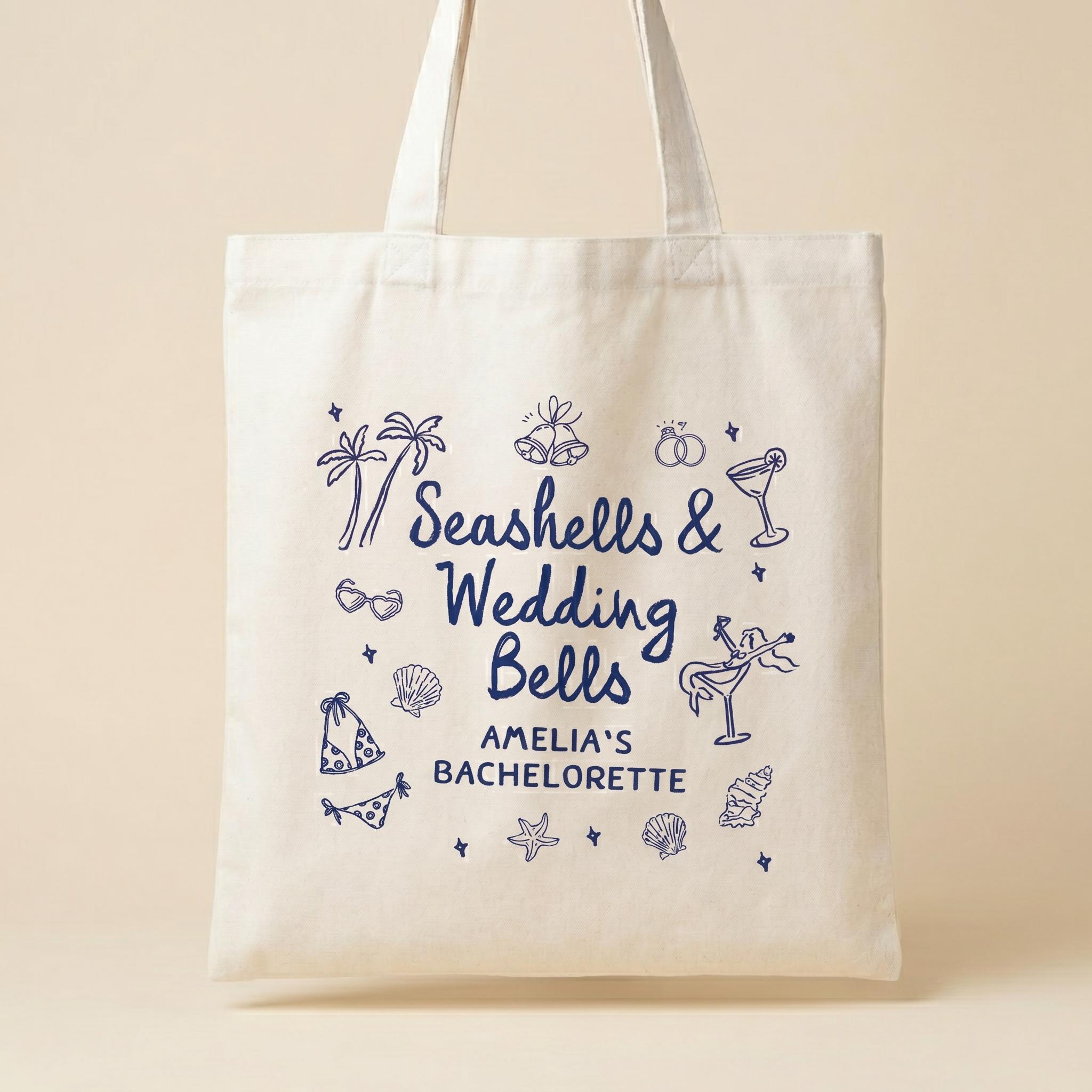 Custom Seashells & Wedding Bells Oversized Bachelorette Party Tote Bag for Bride and Bridesmaids Coastal Chic Preppy Aesthetic Eco-Friendly Canvas Bridesmaid Proposal Box Gift Durable Beach Bag With Custom Name 2
