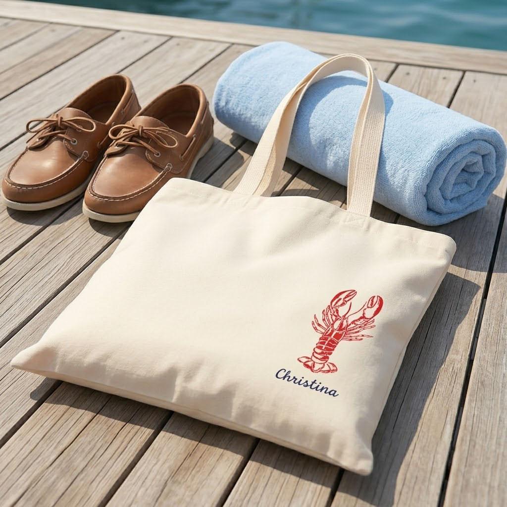 Personalized Lobster Hand-Drawn Illustration Bachelorette Tote Bag For Bridesmaids Bridal Party Nautical Coastal Custom Preppy Aesthetic Natural Eco-Friendly Canvas Destination Bach Trip Favors Reusable Weekend Tote 2