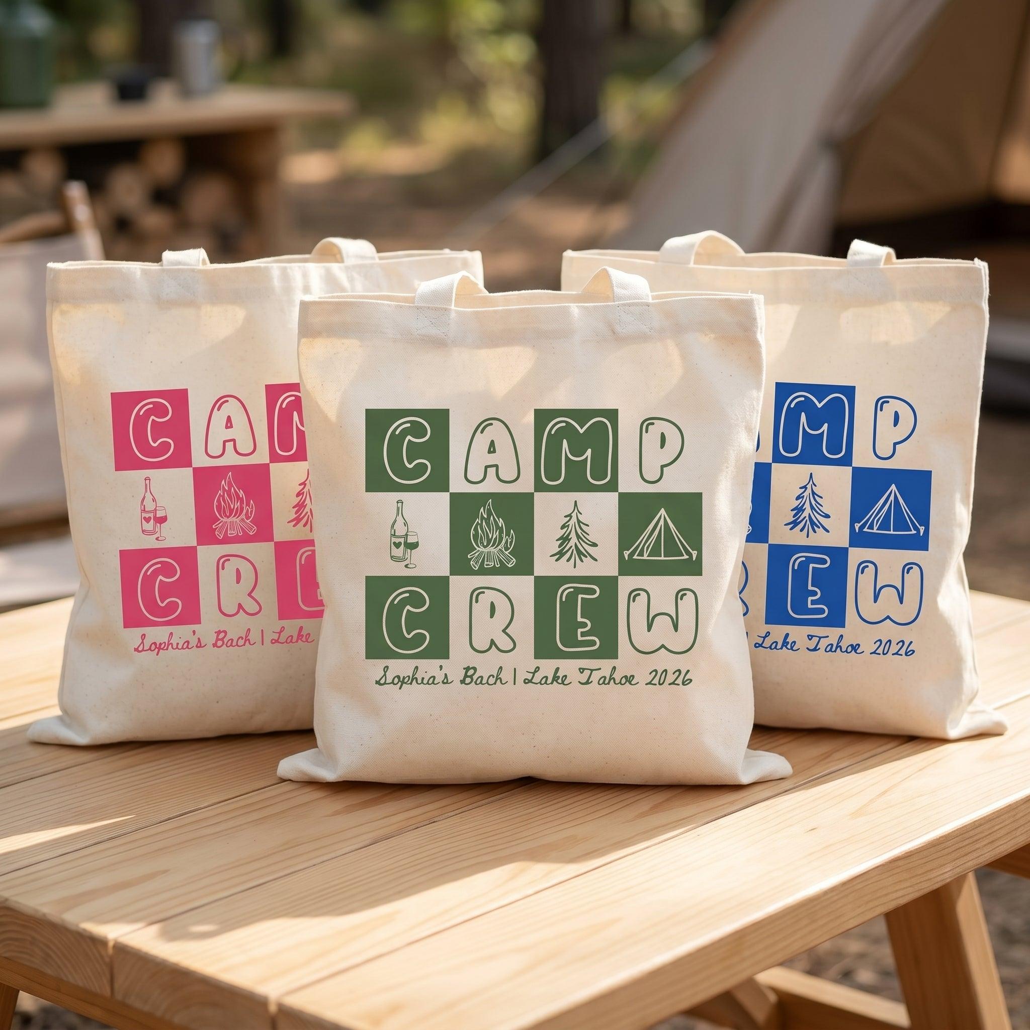Camp Bach Crew Lake Tahoe Bachelorette Party Favors Tote Bag For Bridesmaids Bridal Squad Retro 90s Preppy Glamping Aesthetic Custom Off-White Canvas Reusable Bag Cabin Trip Goodie Bags Last Trail Gifts 2