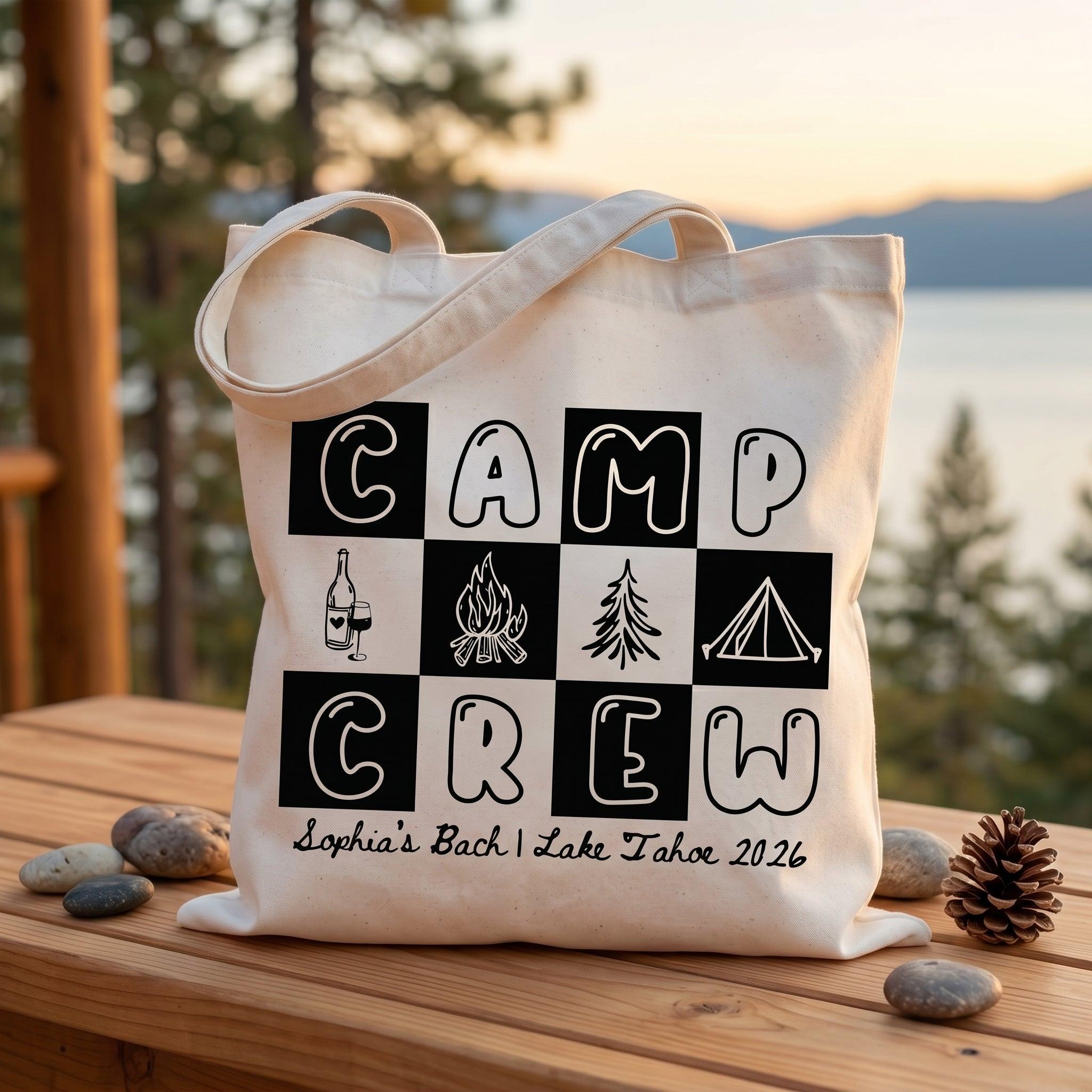 Camp Bach Crew Lake Tahoe Bachelorette Party Favors Tote Bag For Bridesmaids Bridal Squad Retro 90s Preppy Glamping Aesthetic Custom Off-White Canvas Reusable Bag Cabin Trip Goodie Bags Last Trail Gifts 3