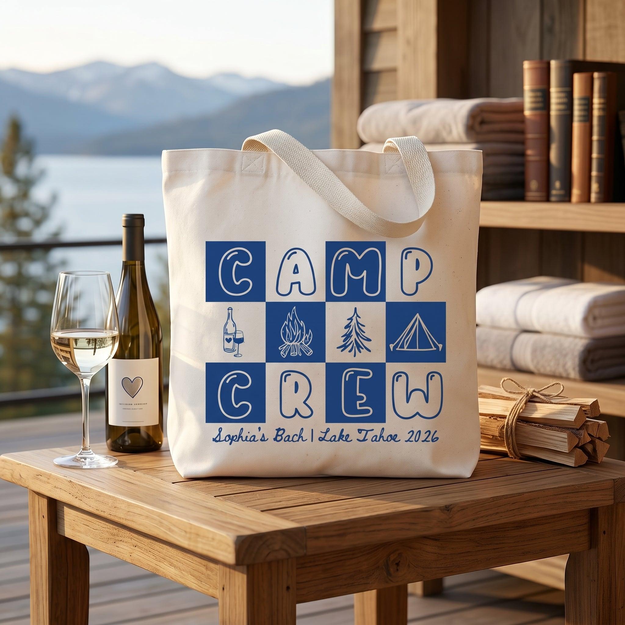 Camp Bach Crew Lake Tahoe Bachelorette Party Favors Tote Bag For Bridesmaids Bridal Squad Retro 90s Preppy Glamping Aesthetic Custom Off-White Canvas Reusable Bag Cabin Trip Goodie Bags Last Trail Gifts 4