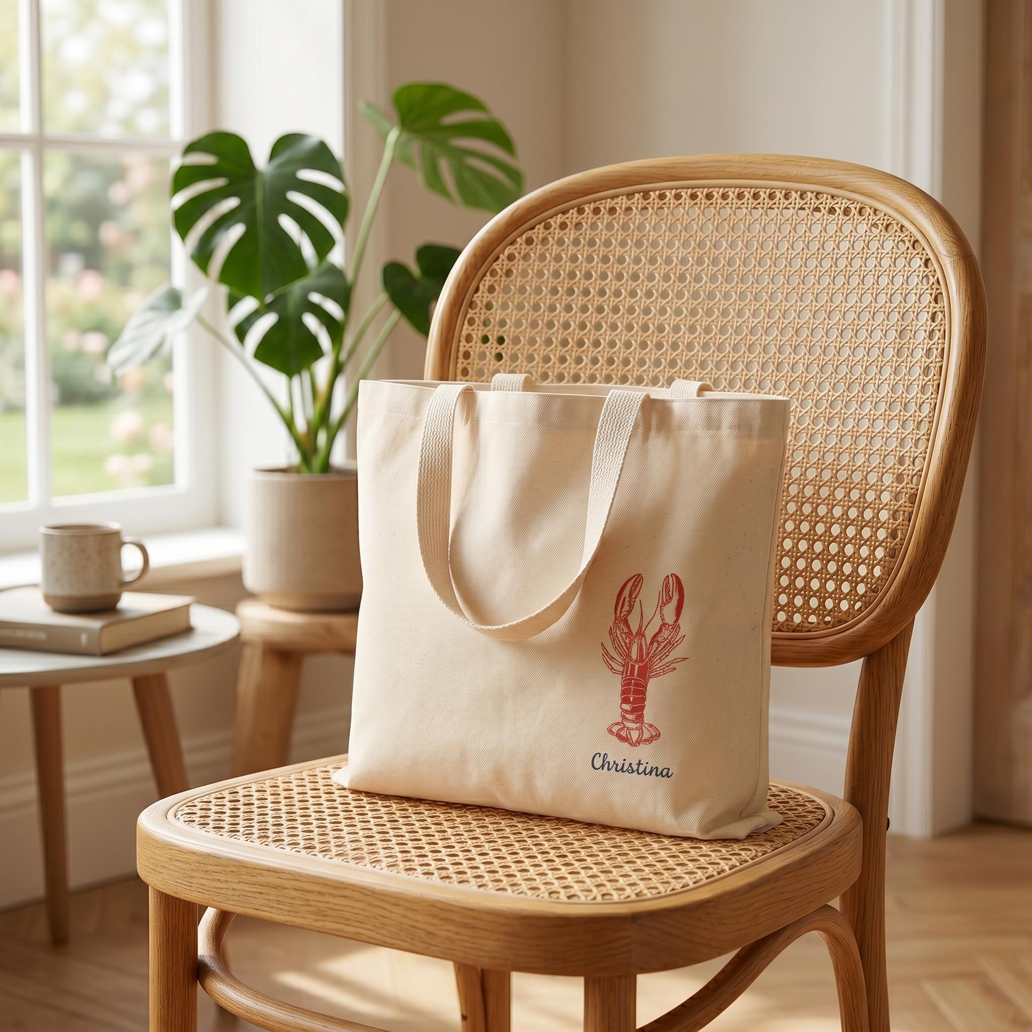 Personalized Lobster Hand-Drawn Illustration Bachelorette Tote Bag For Bridesmaids Bridal Party Nautical Coastal Custom Preppy Aesthetic Natural Eco-Friendly Canvas Destination Bach Trip Favors Reusable Weekend Tote 4