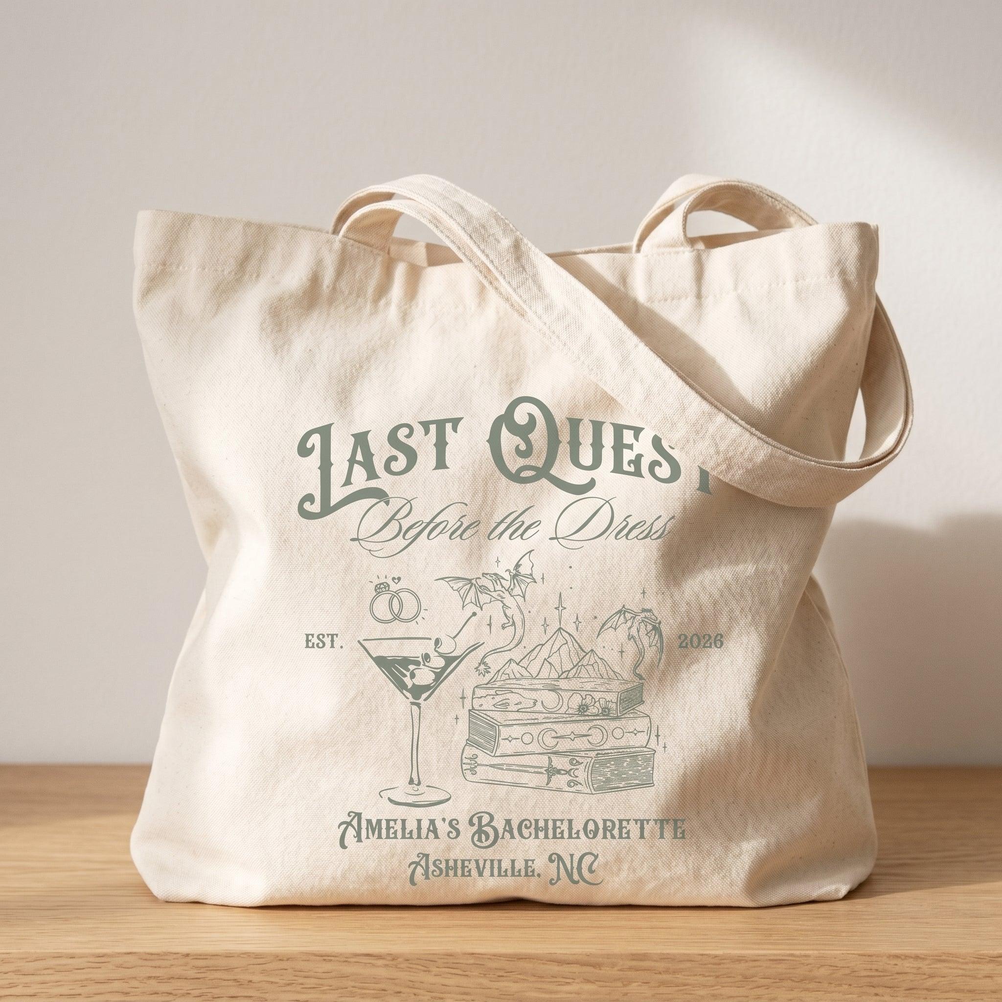 Last Quest Before the Dress Tote Bag For Bride And Bridesmaids Bachelorette Squad Gift Fantasy RPG Medieval Renaissance Faire Bookish Aesthetic Natural Canvas Custom DND Party Favor Goodie Bag Hangover Kit Reusable 3
