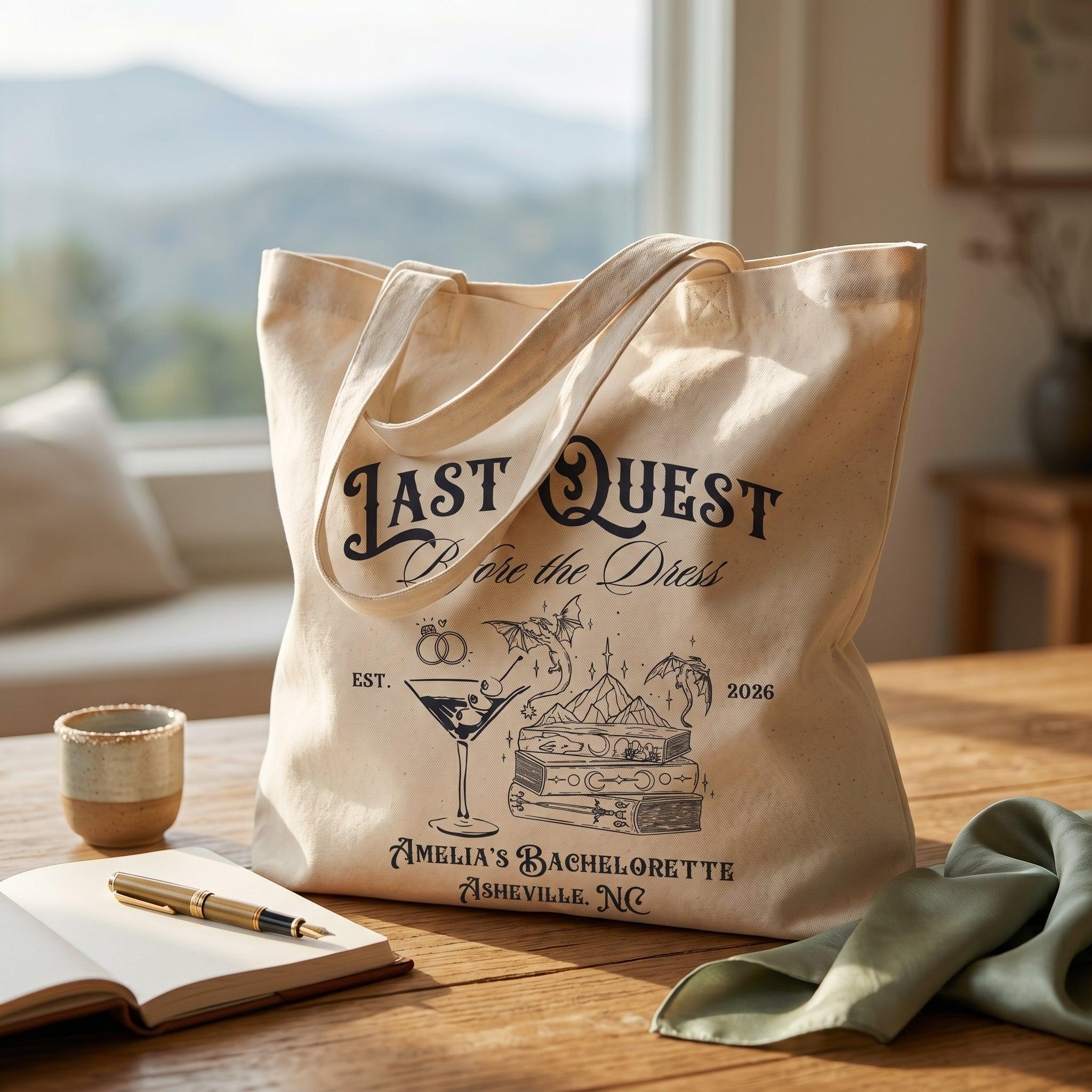 Last Quest Before the Dress Tote Bag For Bride And Bridesmaids Bachelorette Squad Gift Fantasy RPG Medieval Renaissance Faire Bookish Aesthetic Natural Canvas Custom DND Party Favor Goodie Bag Hangover Kit Reusable 2