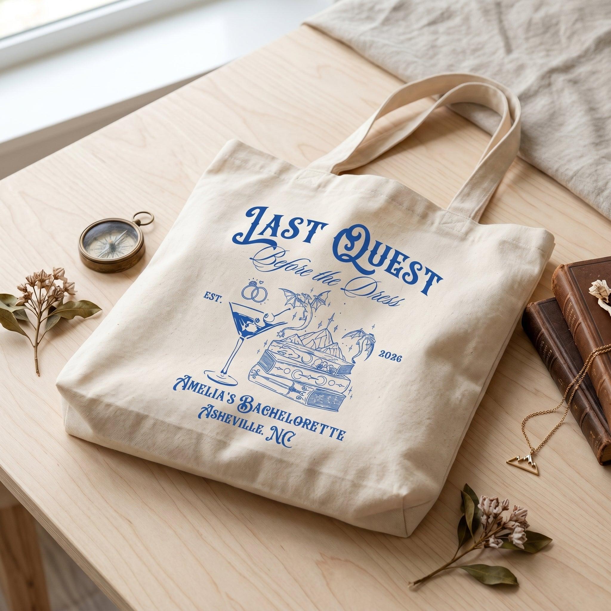 Last Quest Before the Dress Tote Bag For Bride And Bridesmaids Bachelorette Squad Gift Fantasy RPG Medieval Renaissance Faire Bookish Aesthetic Natural Canvas Custom DND Party Favor Goodie Bag Hangover Kit Reusable 4