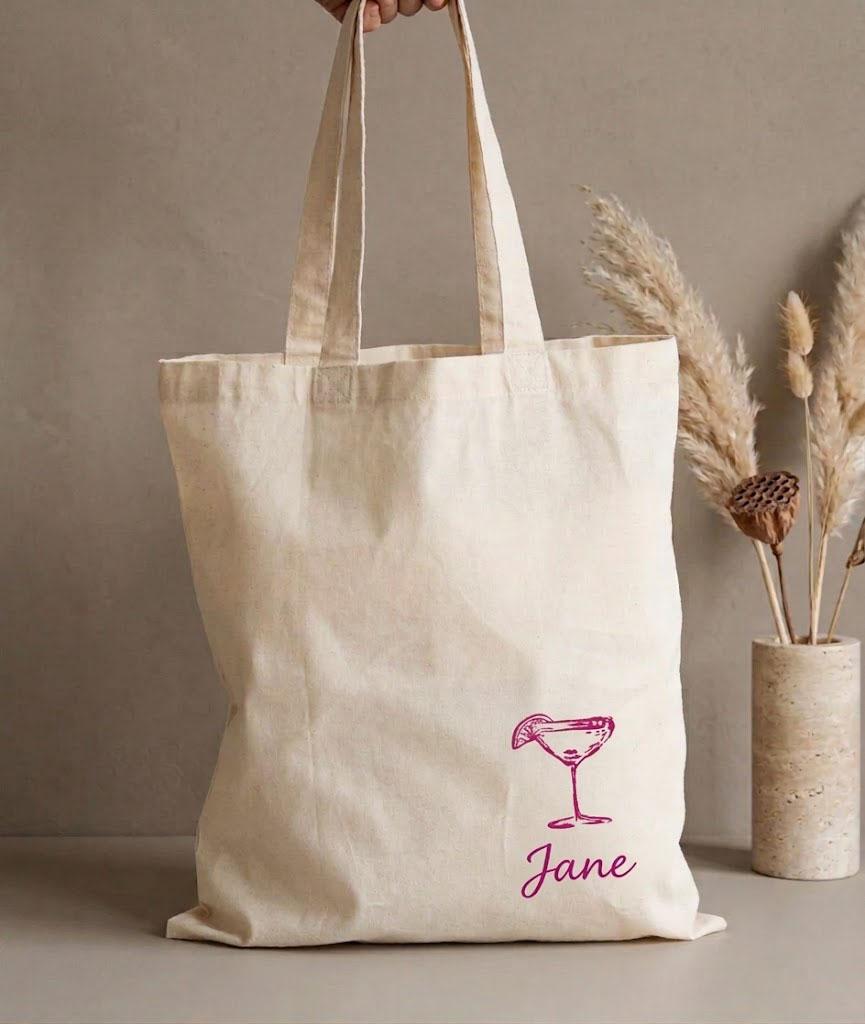 Personalized Margarita Bachelorette Tote Bag Custom Name Canvas Beach Bach Bridesmaid Gift Preppy Aesthetic Margs and Matrimony Tulum Vacation Favor Bag Handmade Bride Squad Tequila Party Eco-Friendly Handbag Tote 2