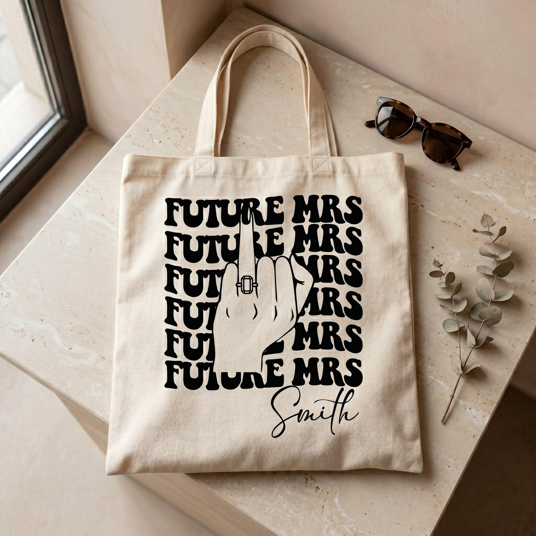 Personalized Future Mrs Engagement Party Favor Canvas Tote Bag For Bride To Be Groovy 70s Retro Aesthetic Natural Cotton Custom Bachelorette Bridal Party Gifts Girls Trip Bach Club Welcome Bag Ring Finger Design 3