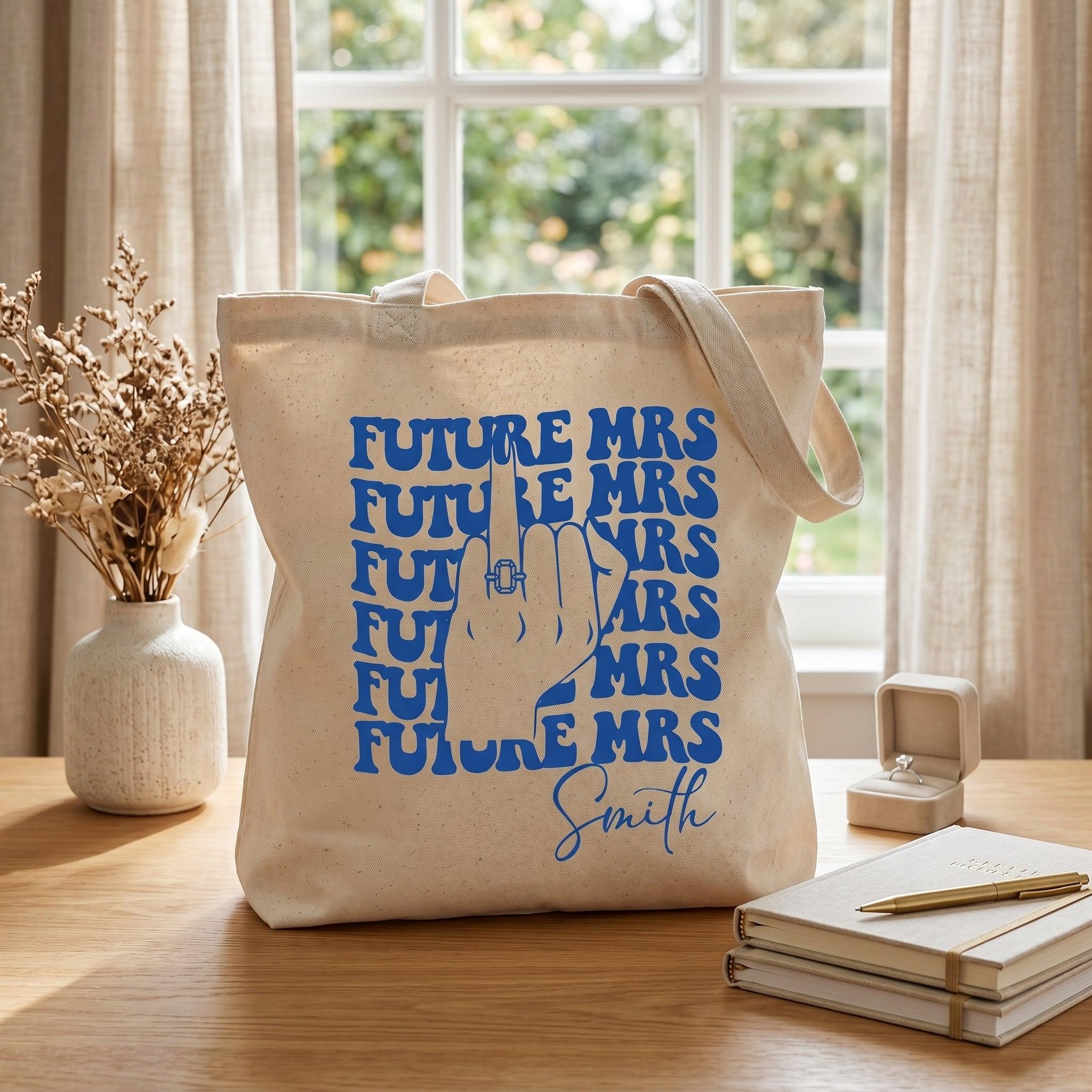 Personalized Future Mrs Engagement Party Favor Canvas Tote Bag For Bride To Be Groovy 70s Retro Aesthetic Natural Cotton Custom Bachelorette Bridal Party Gifts Girls Trip Bach Club Welcome Bag Ring Finger Design 2