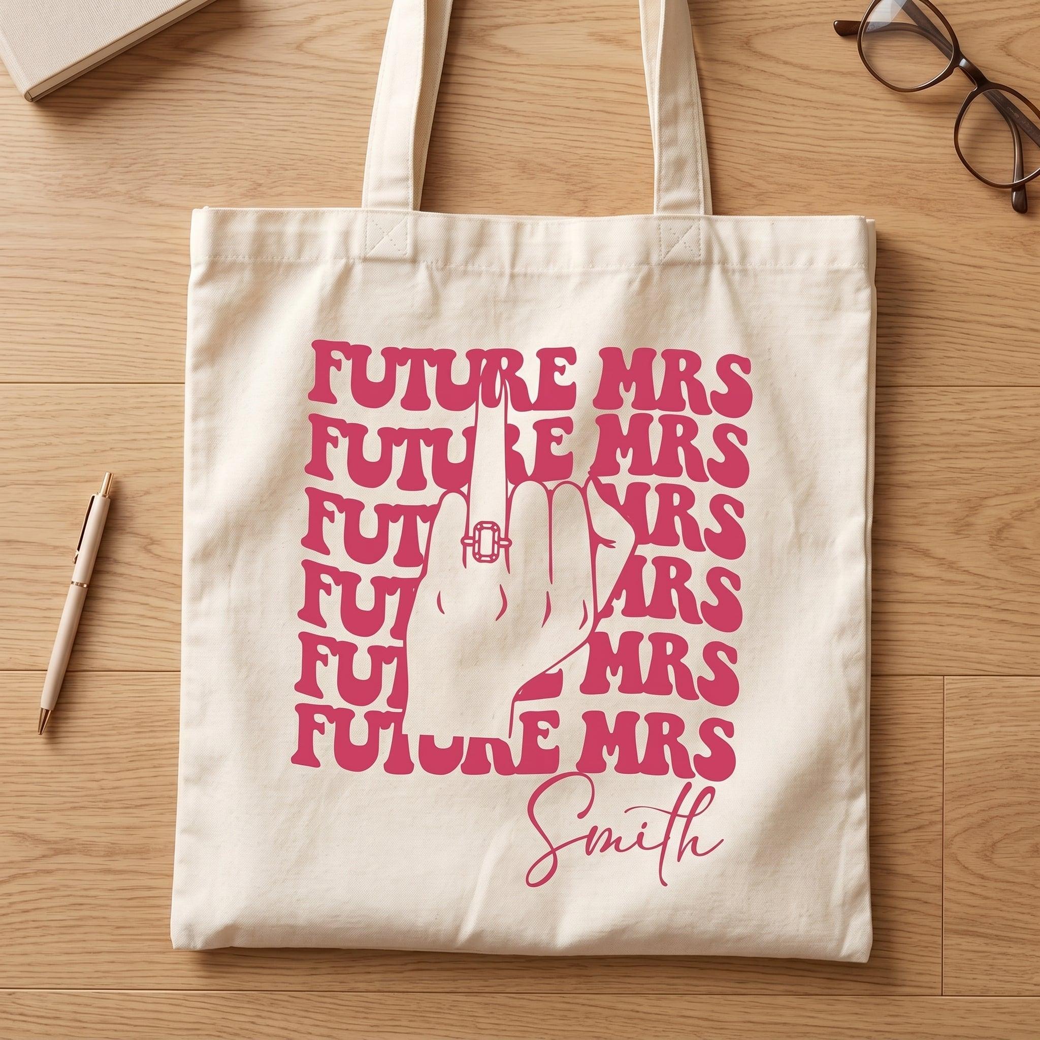 Personalized Future Mrs Engagement Party Favor Canvas Tote Bag For Bride To Be Groovy 70s Retro Aesthetic Natural Cotton Custom Bachelorette Bridal Party Gifts Girls Trip Bach Club Welcome Bag Ring Finger Design 4