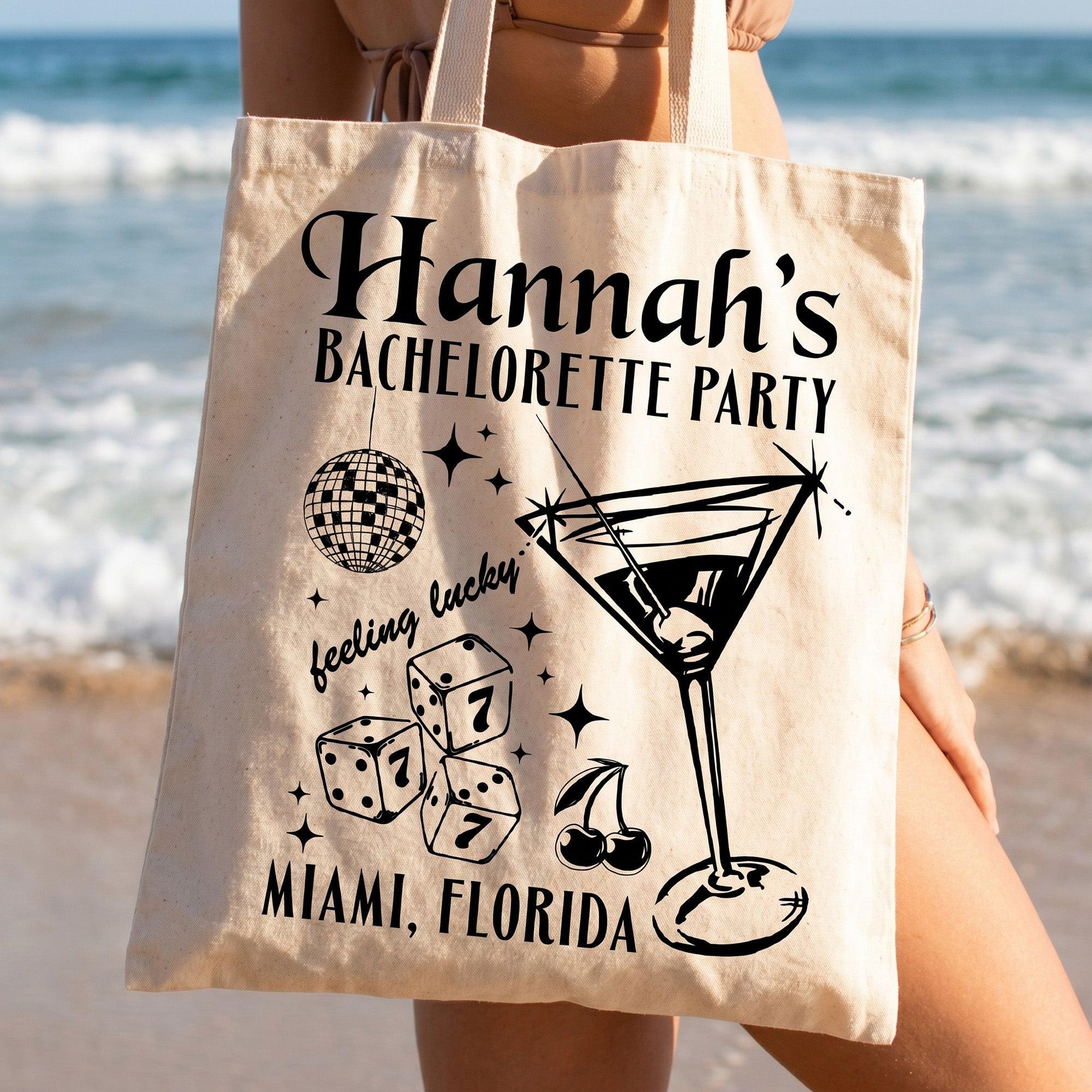 Custom Bachelorette Bag Canvas Tote Bag for Bride and Bridesmaids Girls Trip Tropical Desert Party Palm Springs Aesthetic Natural Cotton Canvas Beach Tote Bach Club Custom Gifts for Her Hawaii Getaway Swag Bag Large Capacity Bridal Favors 3