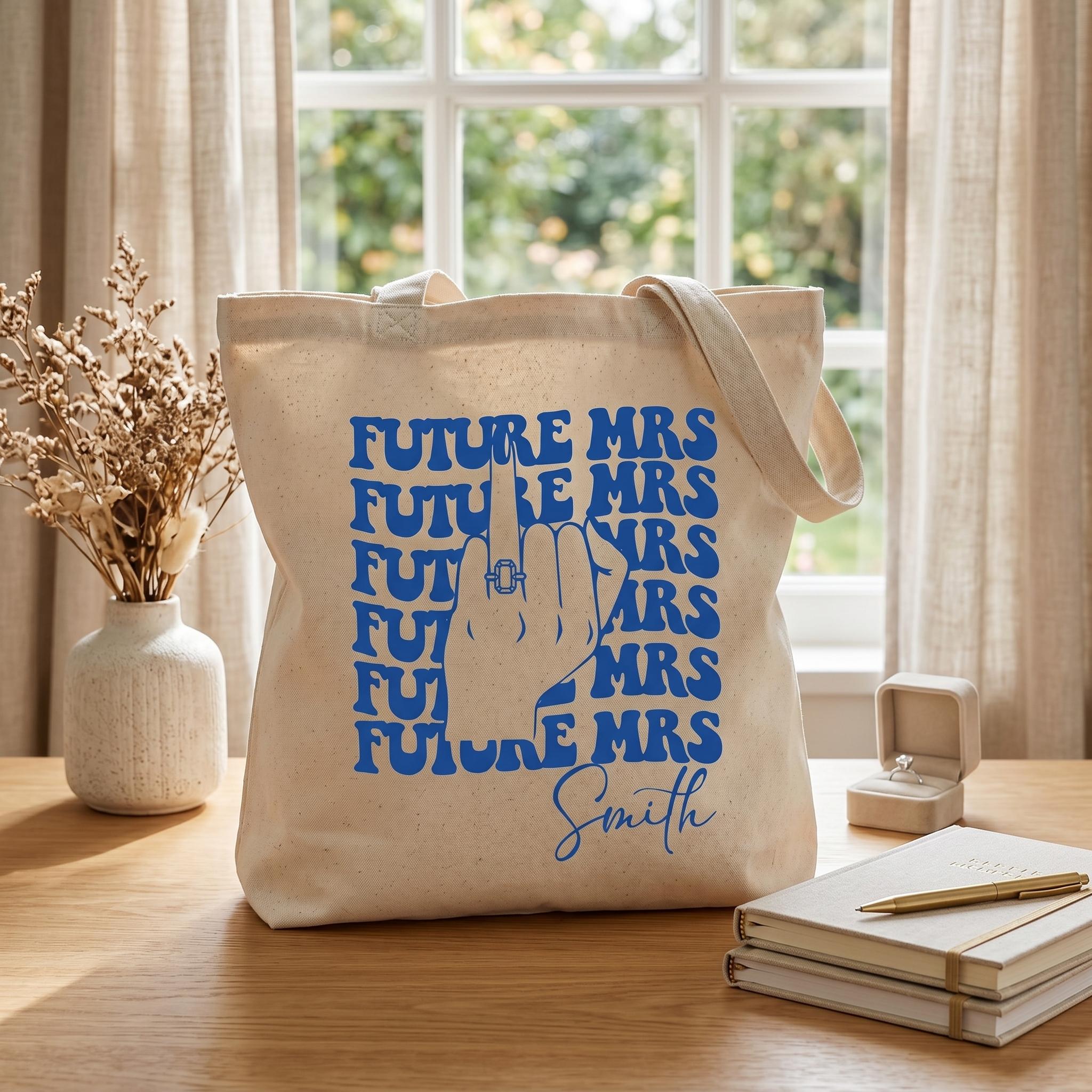 Personalized Future Mrs Engagement Party Favor Canvas Tote Bag For Bride To Be Groovy 70s Retro Aesthetic Natural Cotton Custom Bachelorette Bridal Party Gifts Girls Trip Bach Club Welcome Bag Ring Finger Design 4