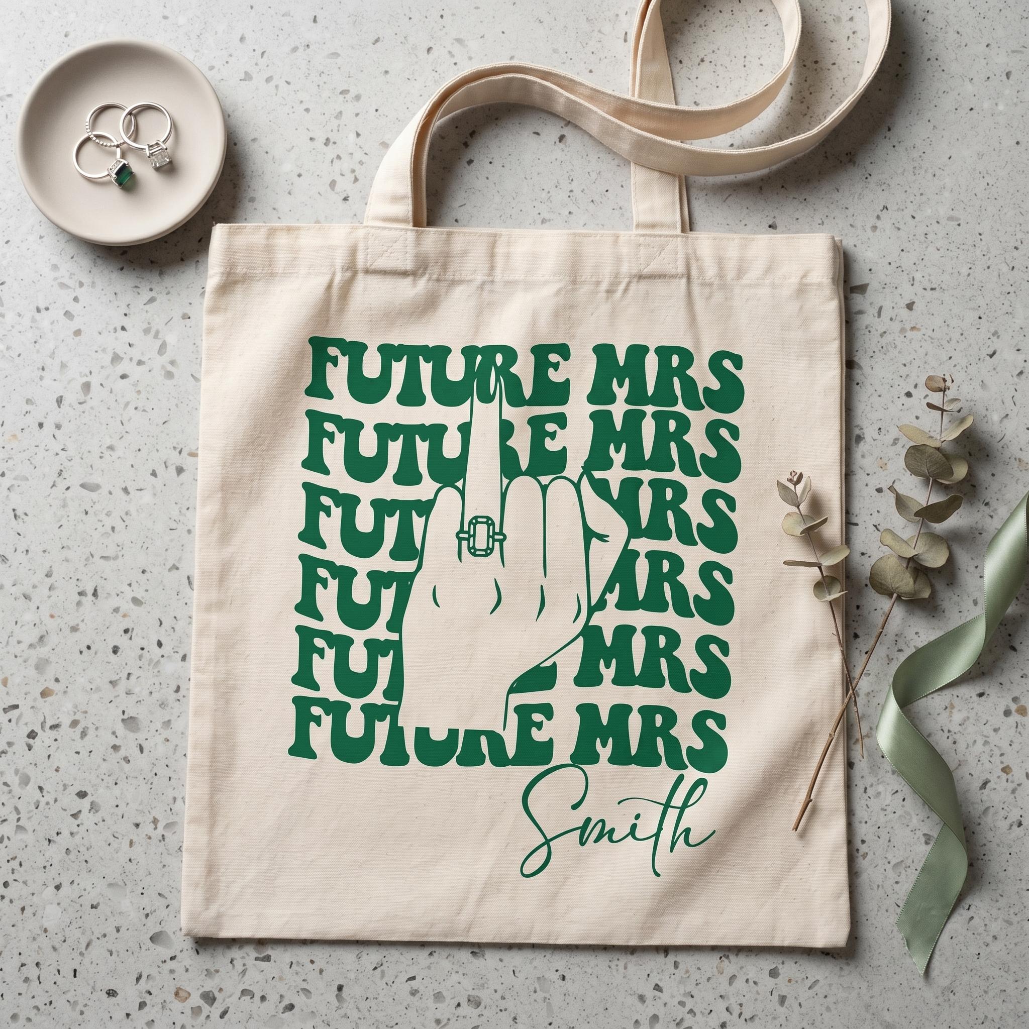 Personalized Future Mrs Engagement Party Favor Canvas Tote Bag For Bride To Be Groovy 70s Retro Aesthetic Natural Cotton Custom Bachelorette Bridal Party Gifts Girls Trip Bach Club Welcome Bag Ring Finger Design 3